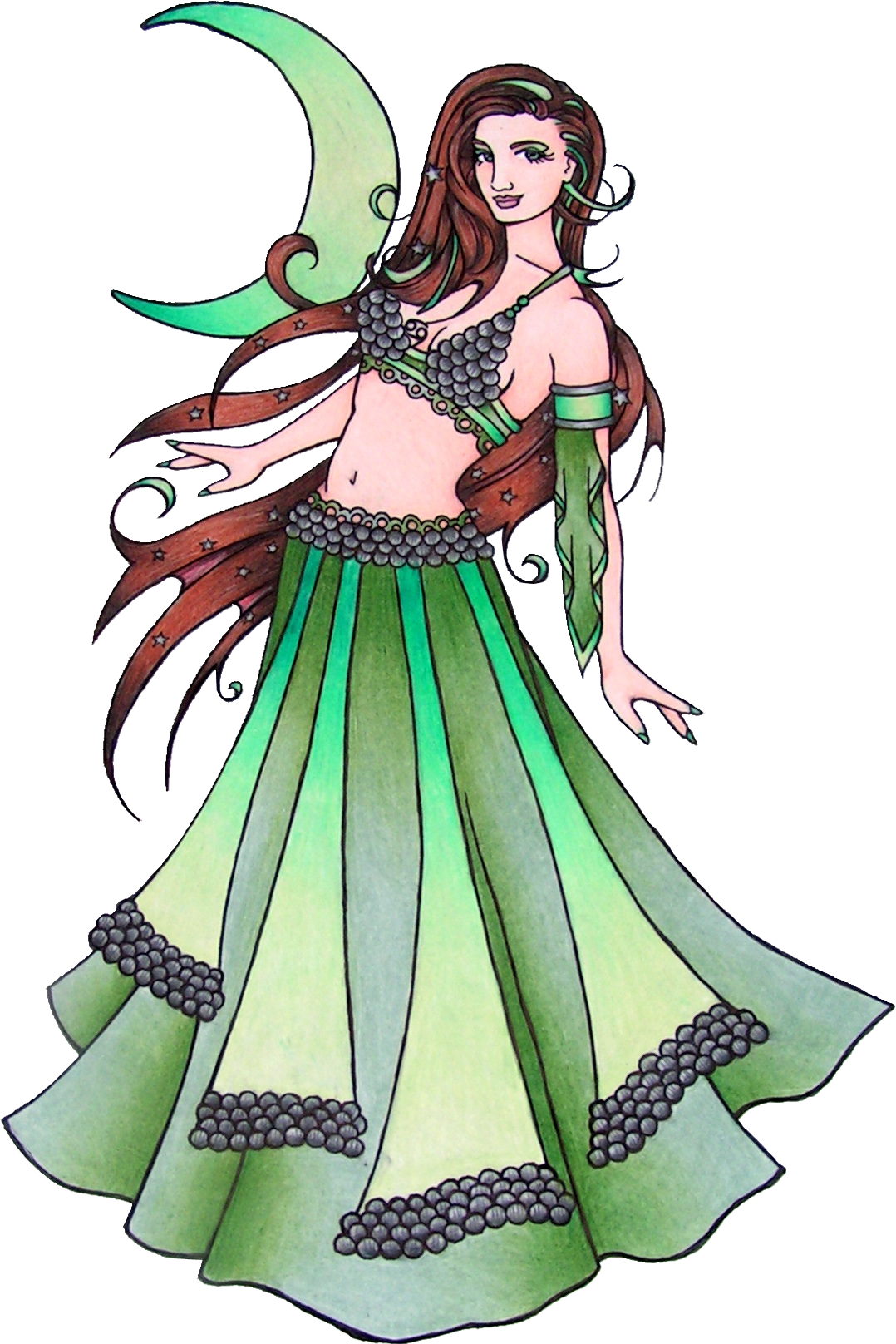 A fantasy illustration of a cancer belly dancer with long brown hair, wearing a green dress with black accents, standing in front of a large green crescent moon with a star.