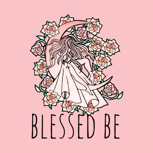 Line drawing of a girl with long hair sitting amidst roses on a light pink background, with the words "Blessed Be" written below.
