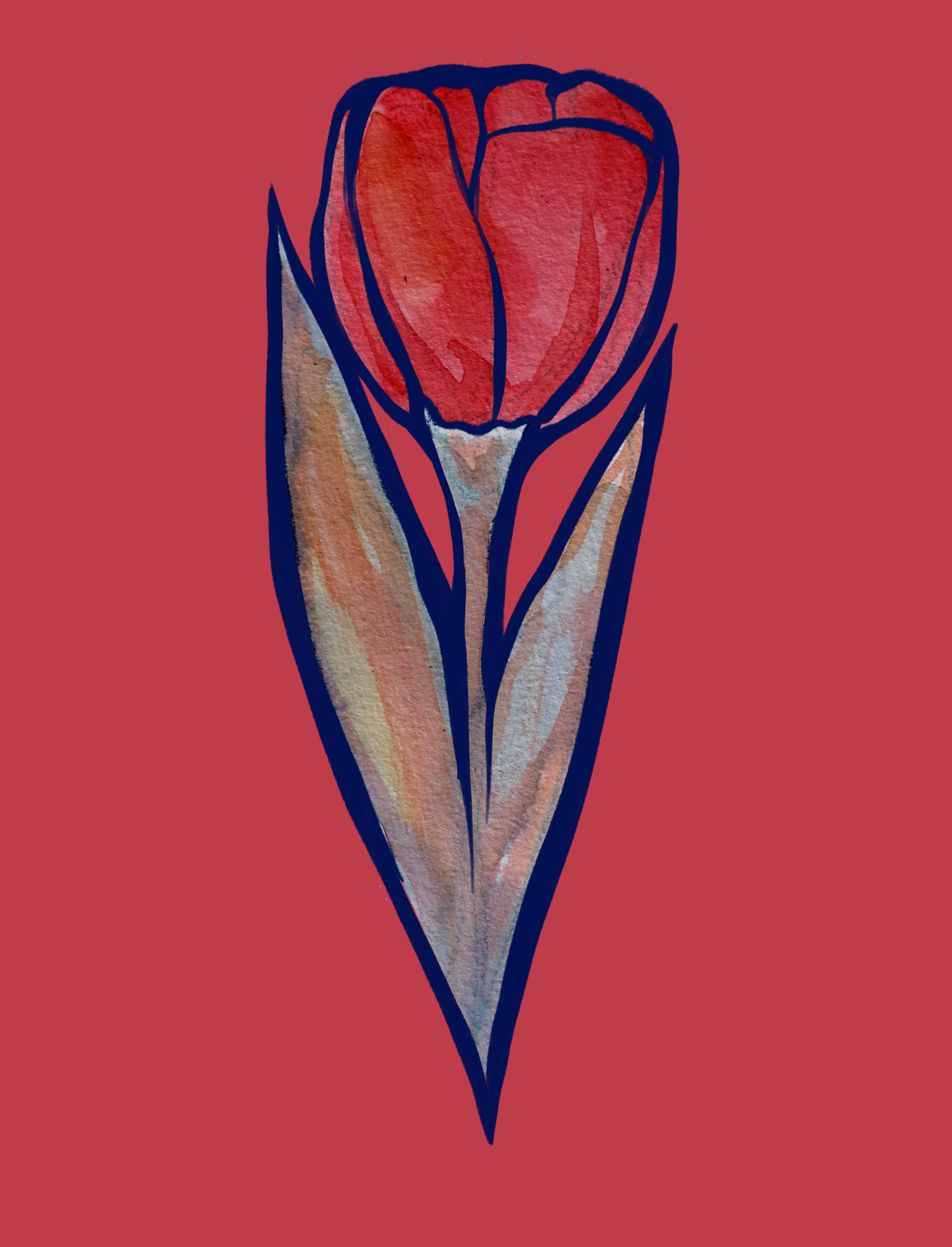 A watercolor painting of a red flower with dark blue outlines on a red background.