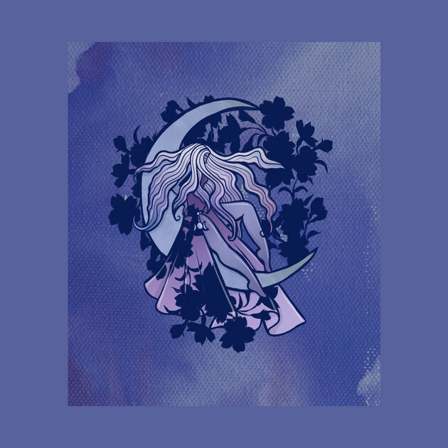 Illustration of a woman with long flowing hair sitting on a crescent moon surrounded by flowers and leaves, set against a blue textured background.