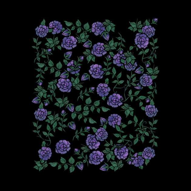 Pattern of purple roses and green leaves on black background.