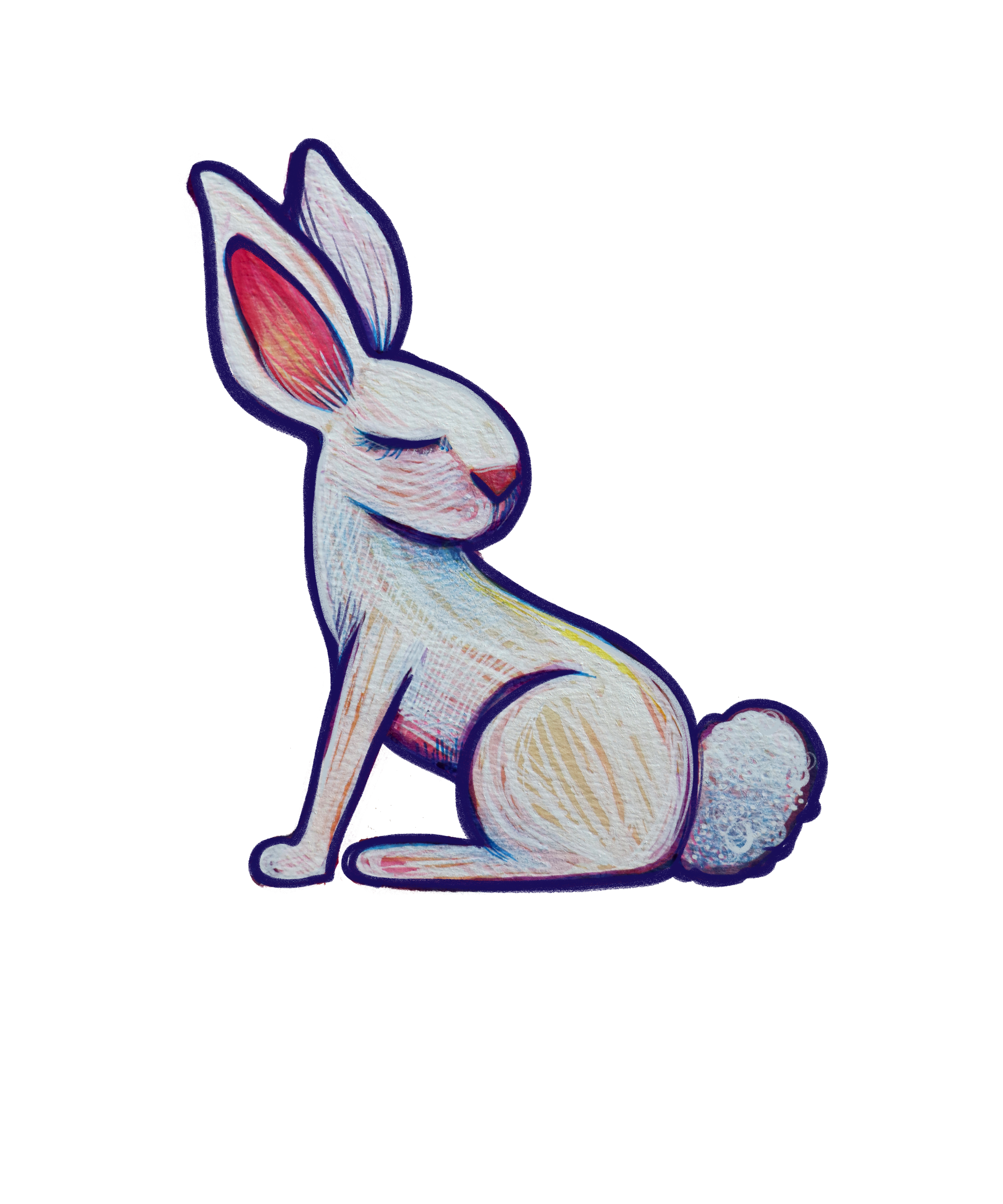A colorful, artistic illustration of a sitting bunny with closed eyes and a fluffy tail against a black background.