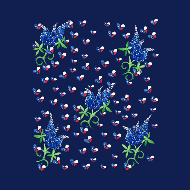 Pattern of blue fleur-de-lis flowers texas bluebonnets with green leaves and swirling stems on a dark blue background, scattered with small patriotic texas flag  hearts in red, white, and blue.