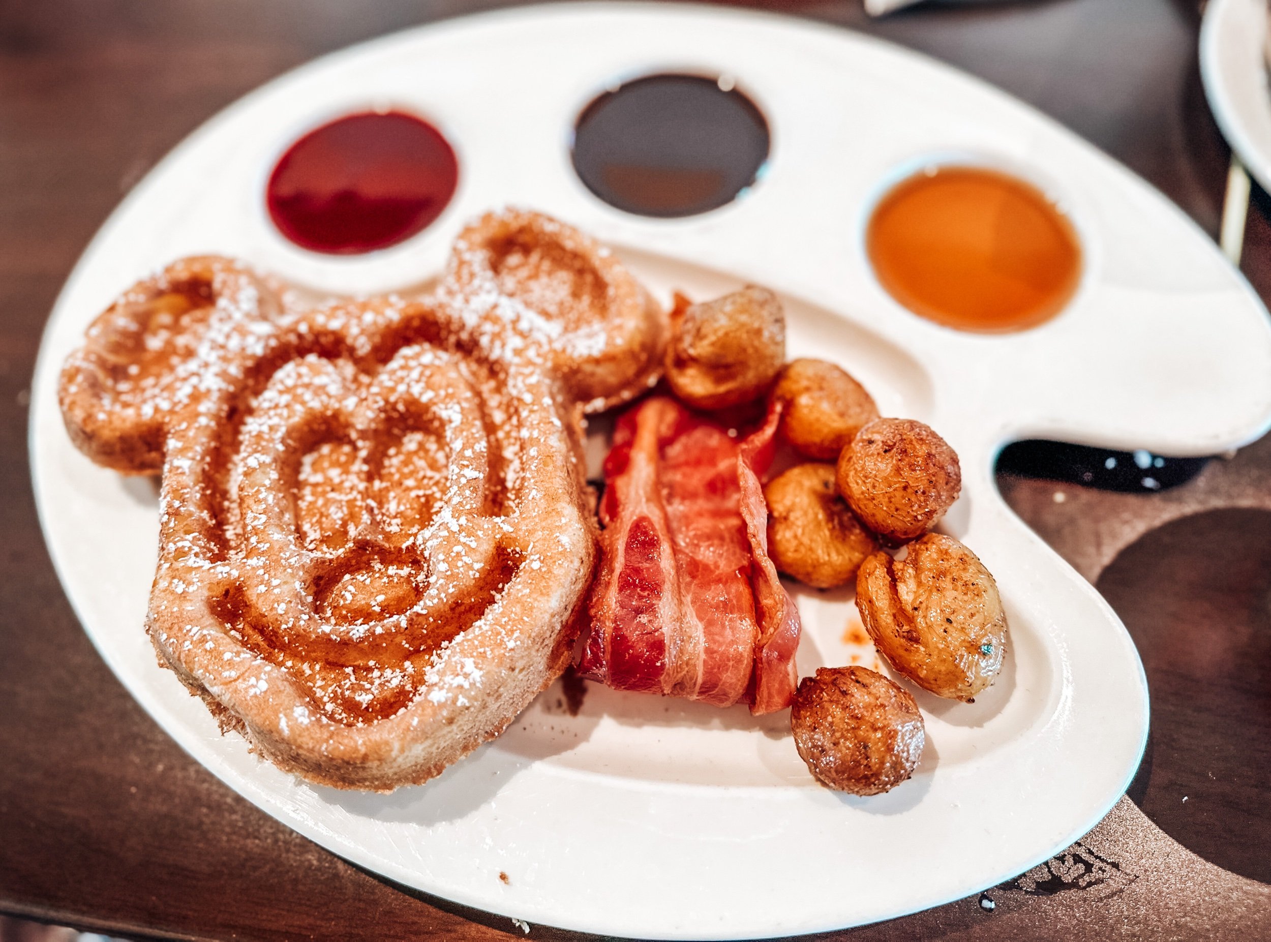 Gluten Free Mickey Waffle with bacon & breakfast potatoes