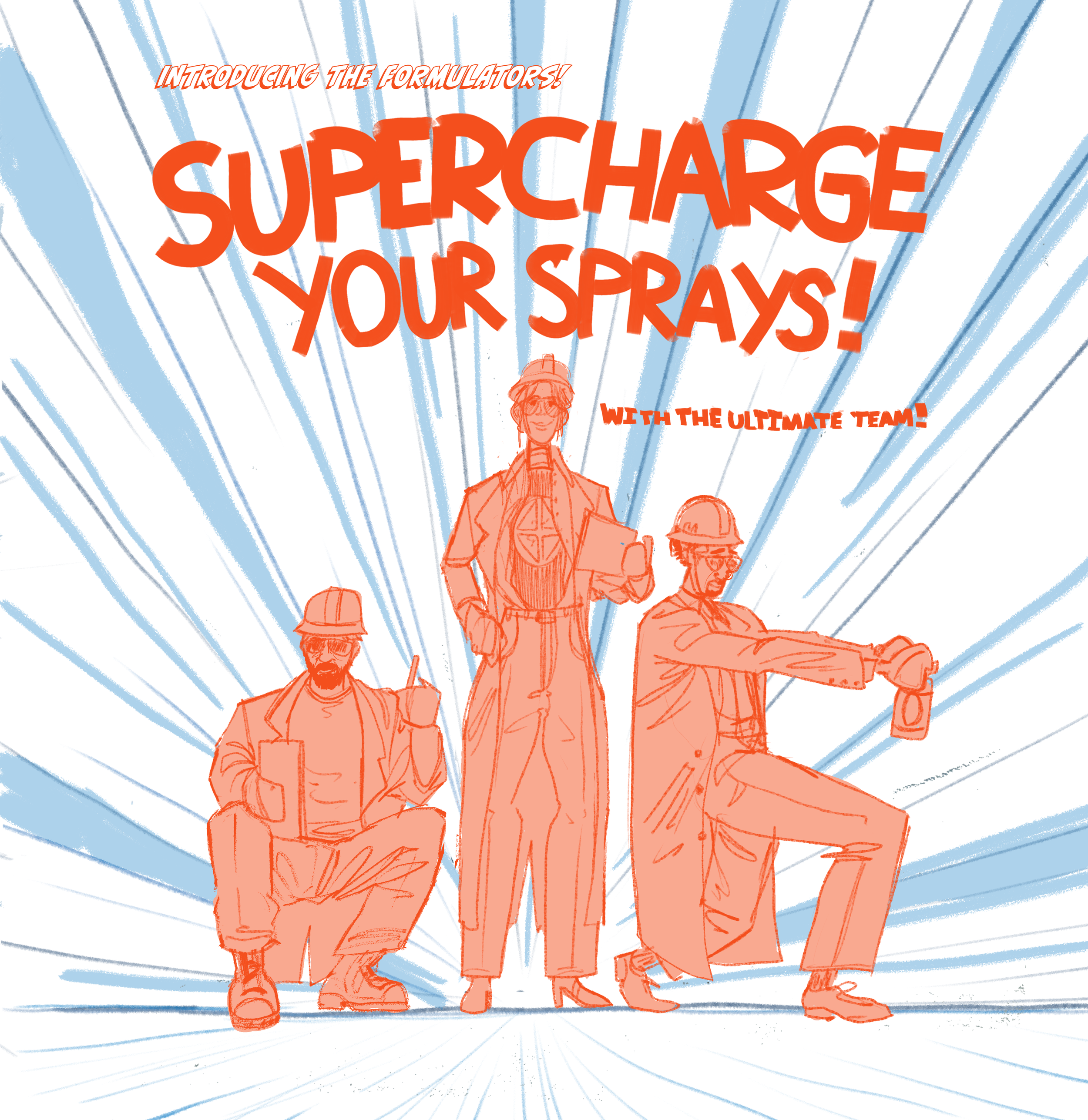 People holding smartphones, standing together, with blue speed lines in the background, suggesting excitement or action, with text: 'Introducing the formulators! Supercharge your sprays! with the ultimate team!'