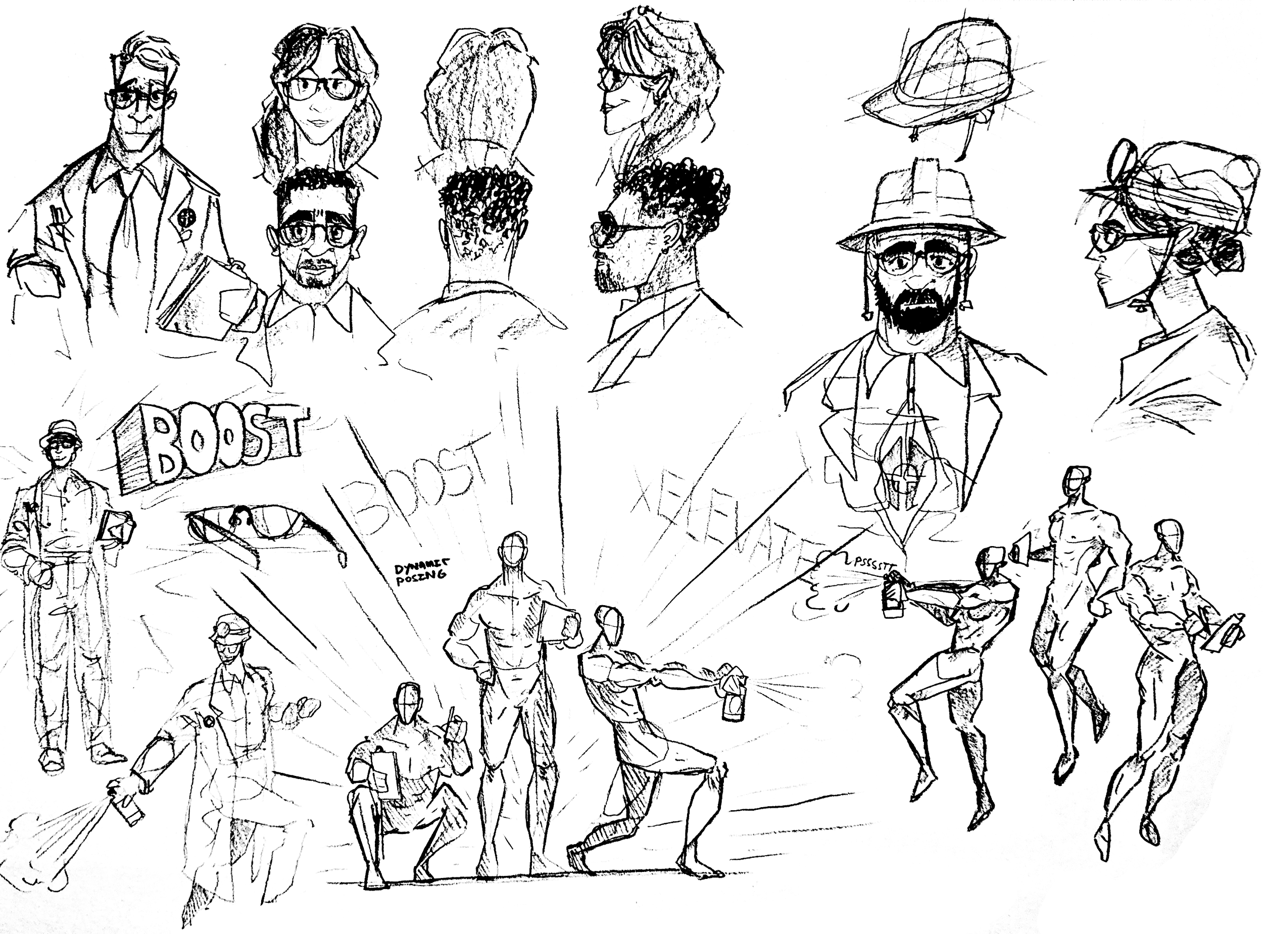 Outline sketch of multiple people, some wearing hats and glasses, with various gestures and clothing styles, including a person holding a sign that reads 'BOSTON' and 'DPOST'.