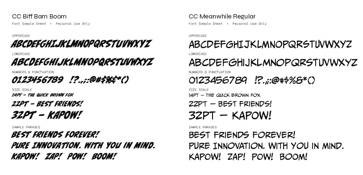Comparison of two different font styles for the phrase 'Best Friends Forever!' and related text, showing font samples and size options.