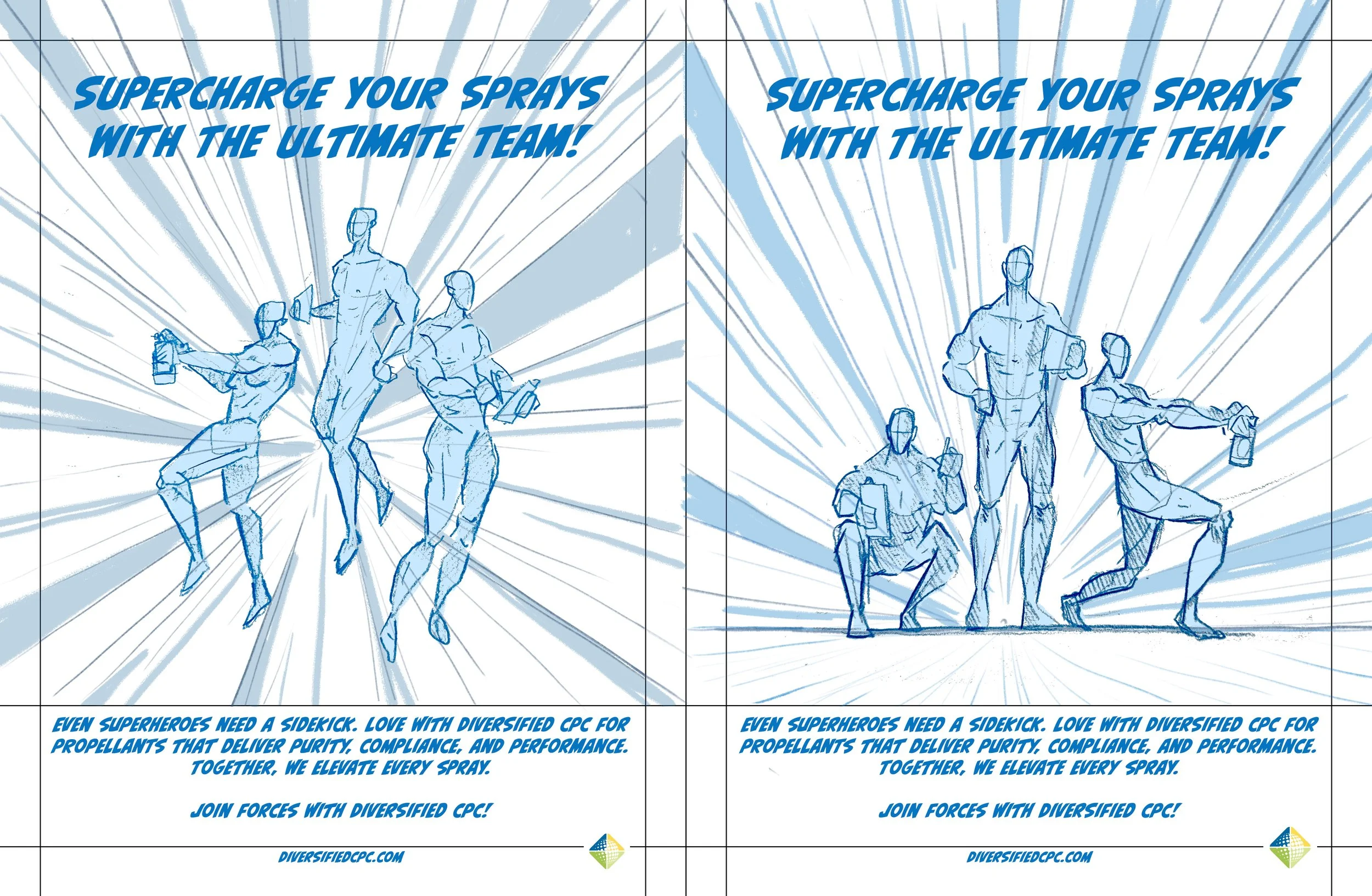 Sketch of five superheroes with dynamic backgrounds and a text banner that reads, "Supercharge your sprays with the ultimate team!" and a paragraph about diversified CPC for propellants.