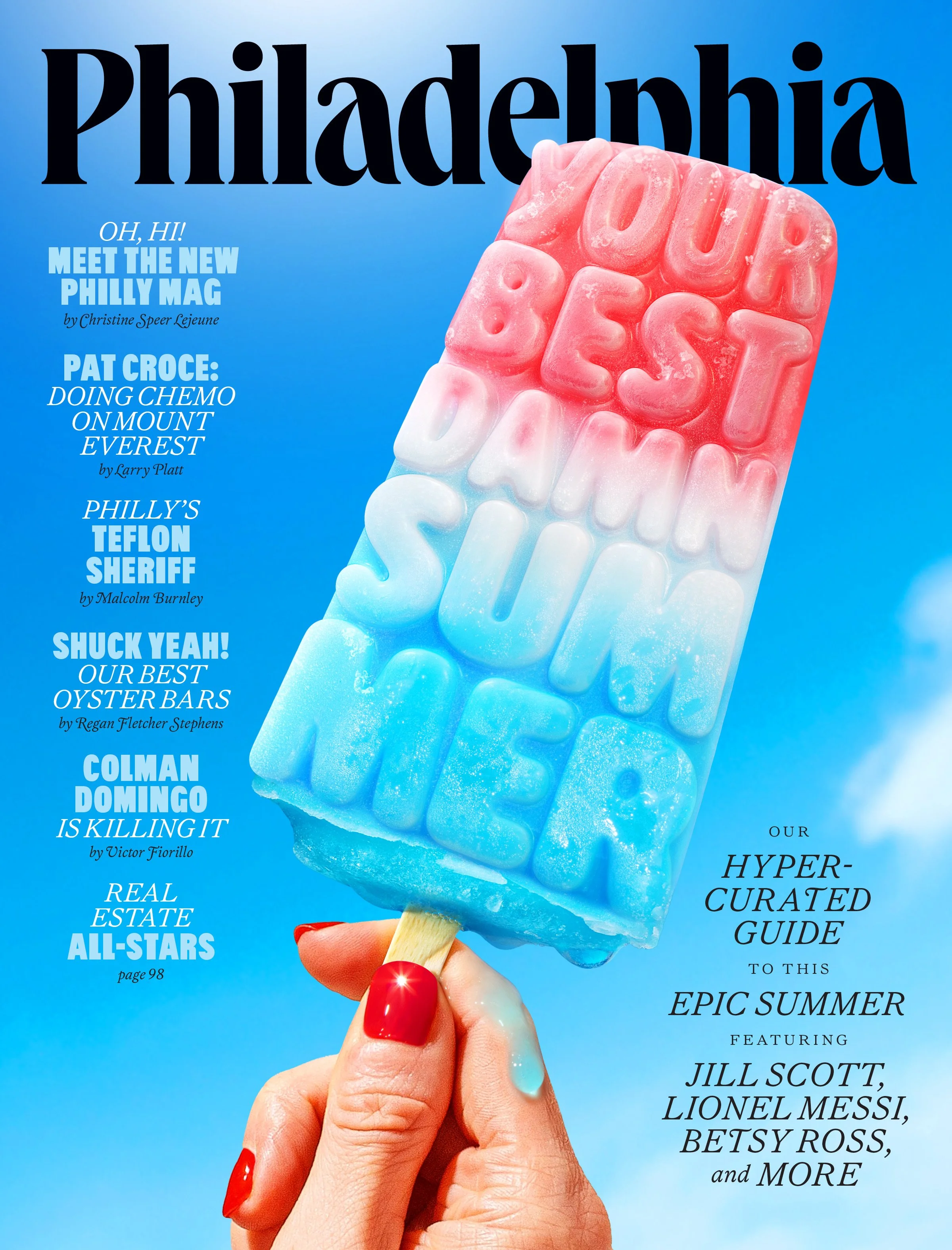 The cover of a magazine showing a hand holding a popsicle shaped like a lettered ice cream bar, with the magazine title "Philadelphia" and various headlines about featured articles and celebrities.