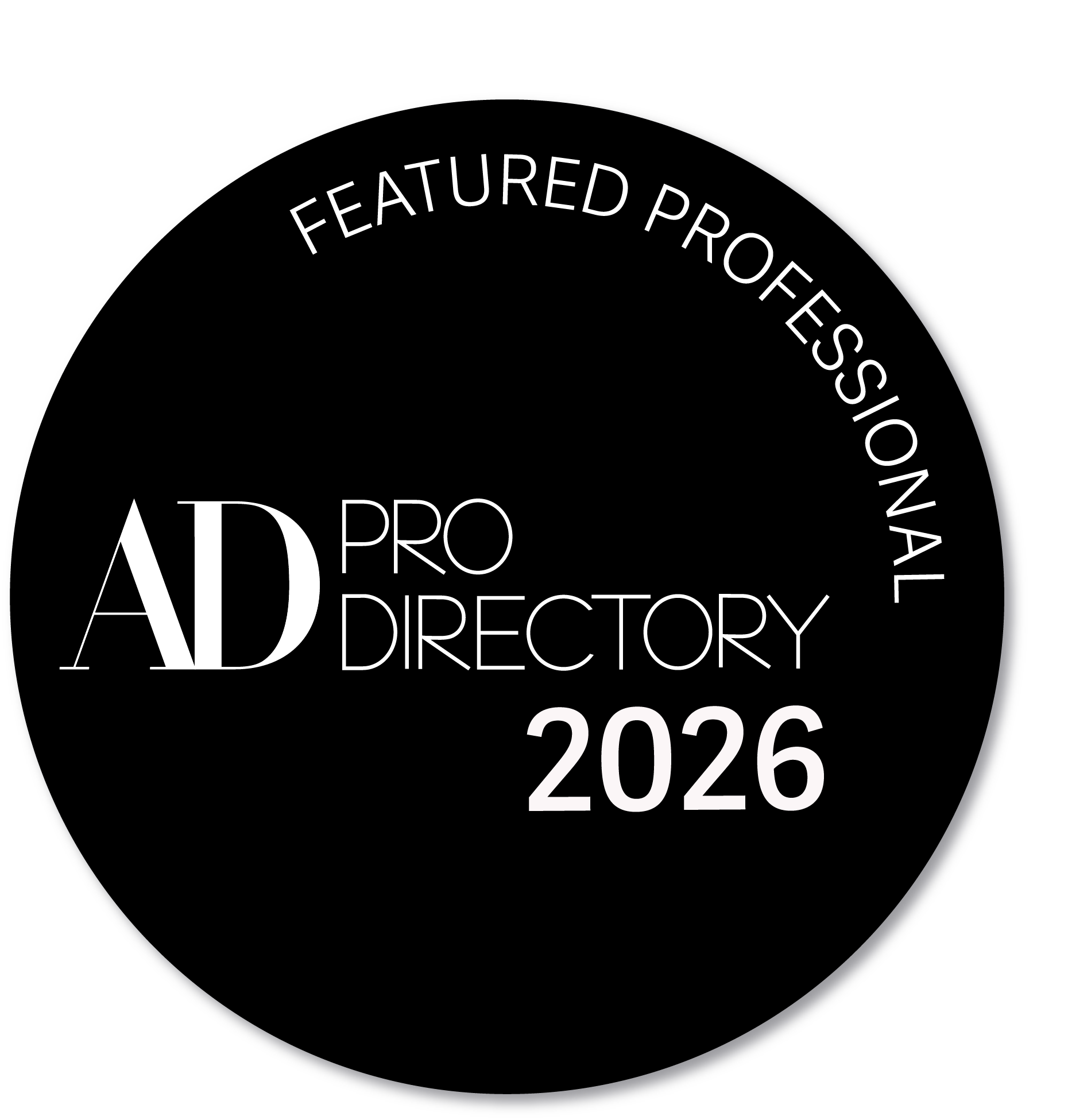 A circular badge with the text "Featured Professional of the Year" and "2026," along with "ADD PRO DIRECTORY" and other details.