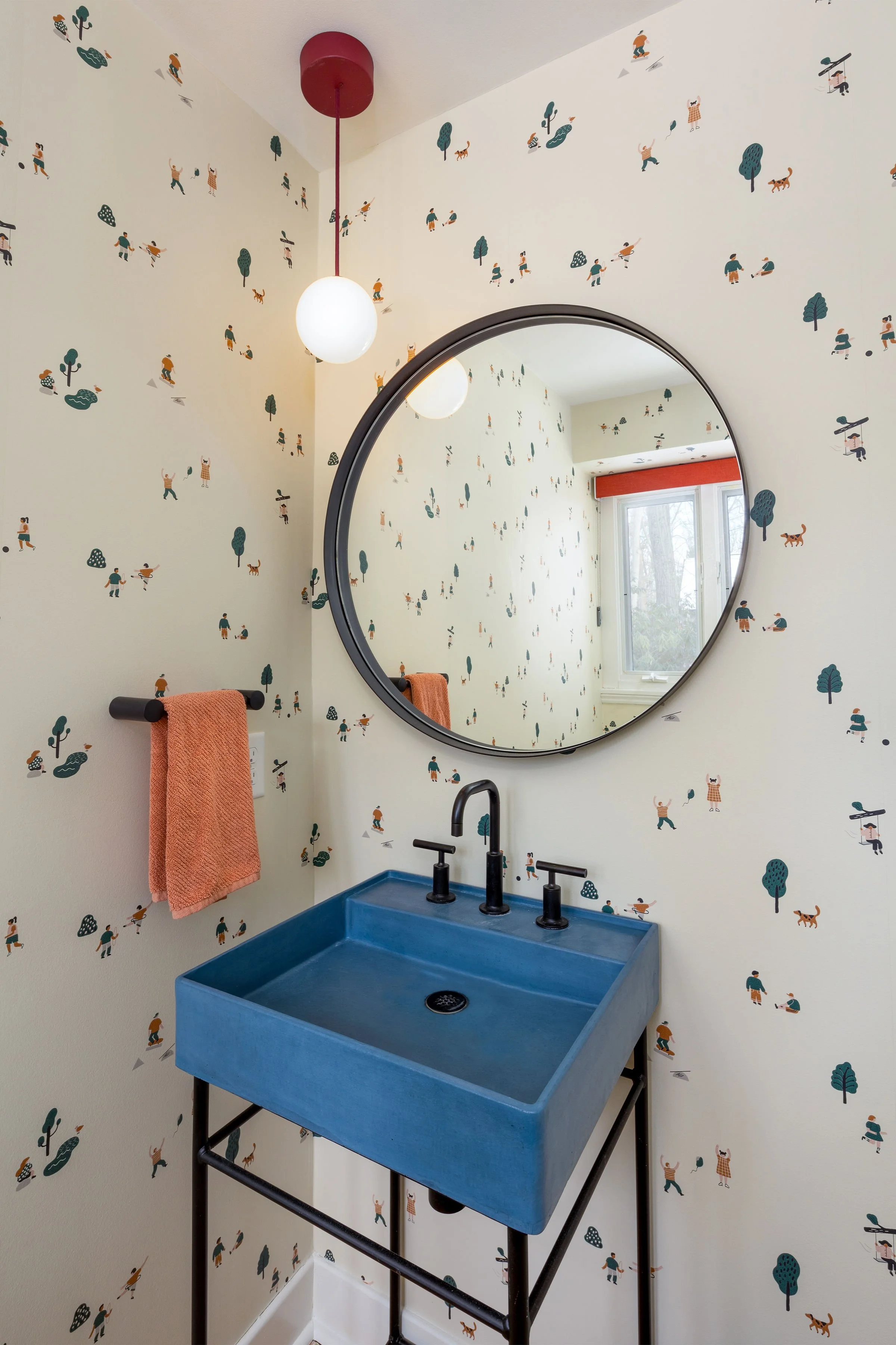 modern powder room design with playful wallpaper and concrete sink