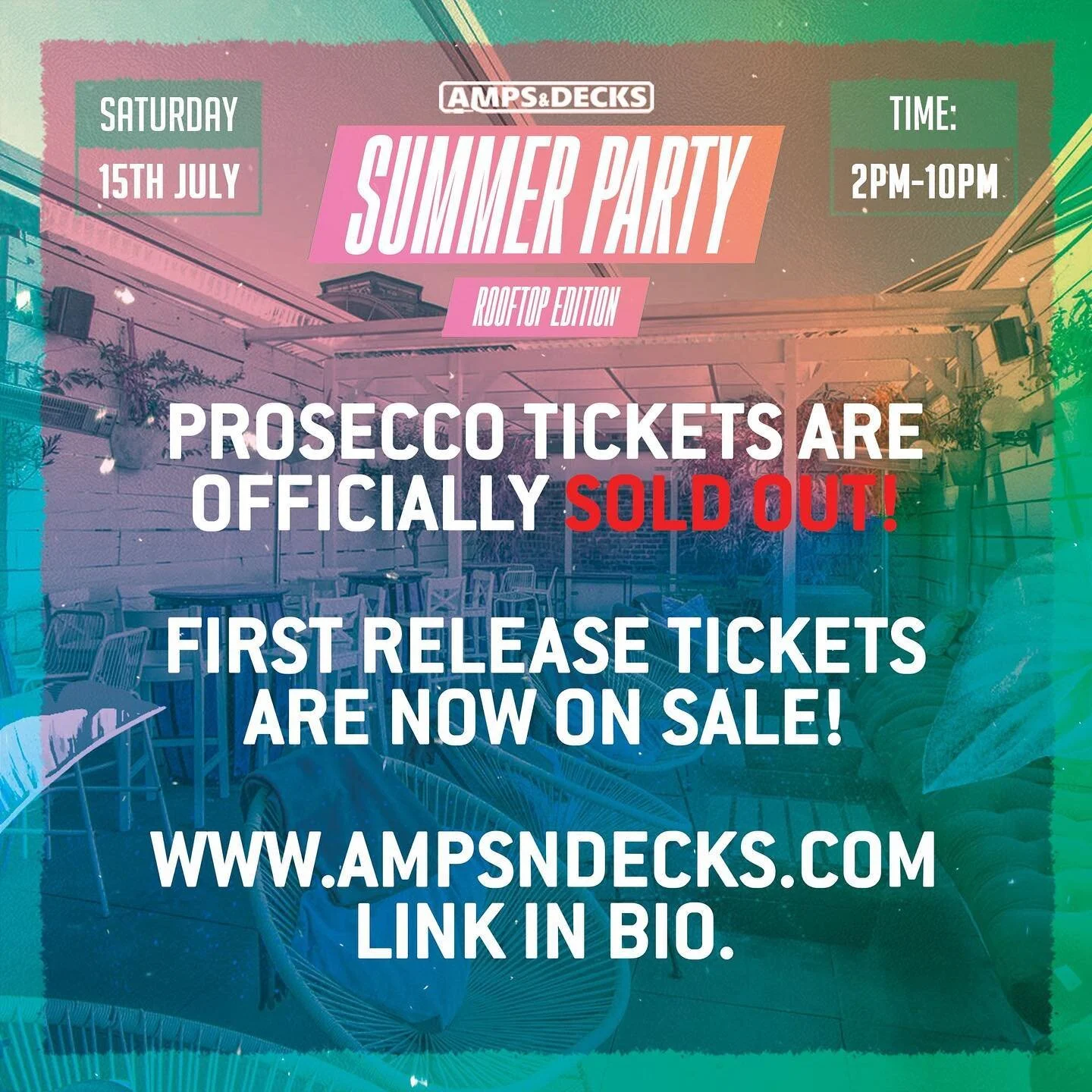 🚨 BREAKING NEWS 🚨
Prosecco Release tickets are officially ❌ SOLD OUT ❌
First Release tickets are now ON SALE.

WWW.AMPSNDECKS.COM
LINK IN BIO.

#ampsndecks #music #uk #vibes #londonrave #ravers #events #london #djs #londonravenetwork #clubnights #e