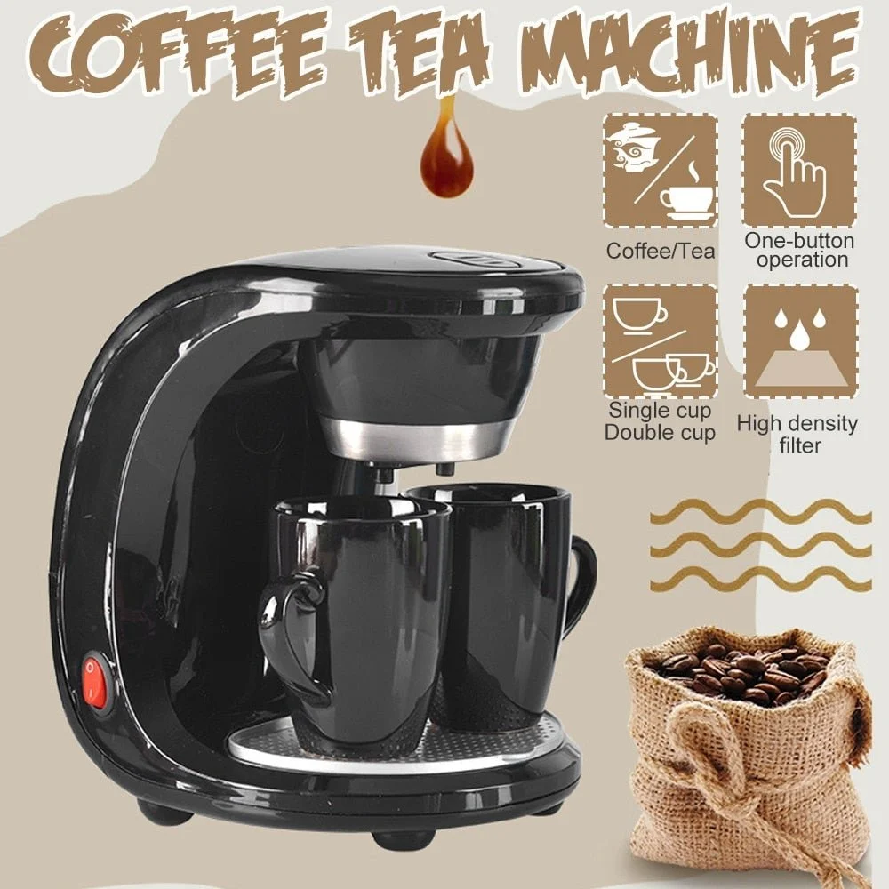 flyer of Electric Auto Dual Cup Coffee Machine showing its basic functions