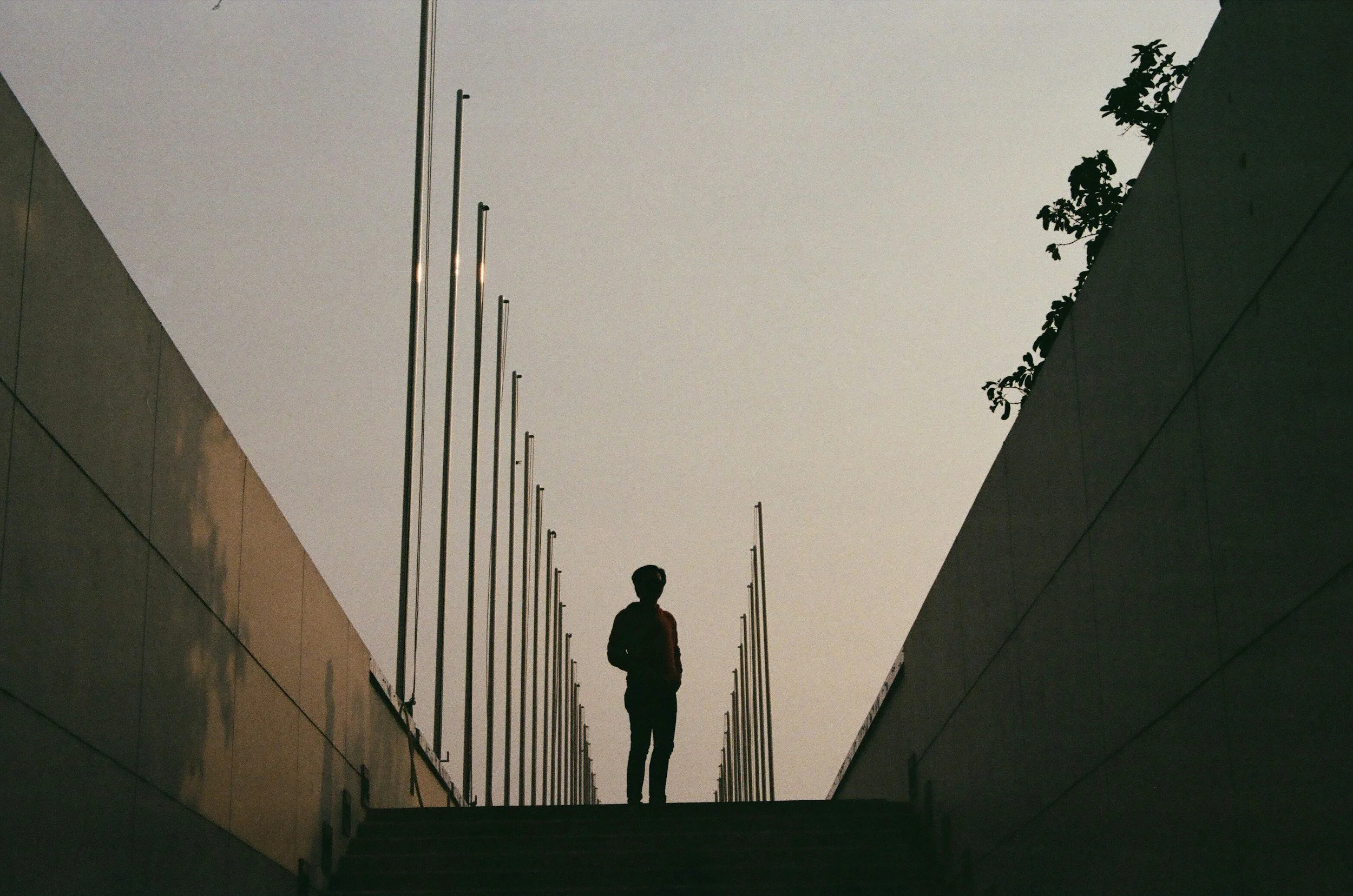 A silhouette of a person standing on stairs between two walls with tall vertical poles extending above, against an evening sky.