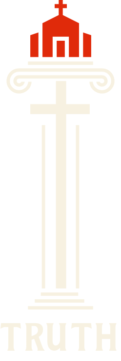 A religious logo featuring a column supporting a structure with a cross on top, a small church building in red, and the word 'TRUTH' at the bottom.