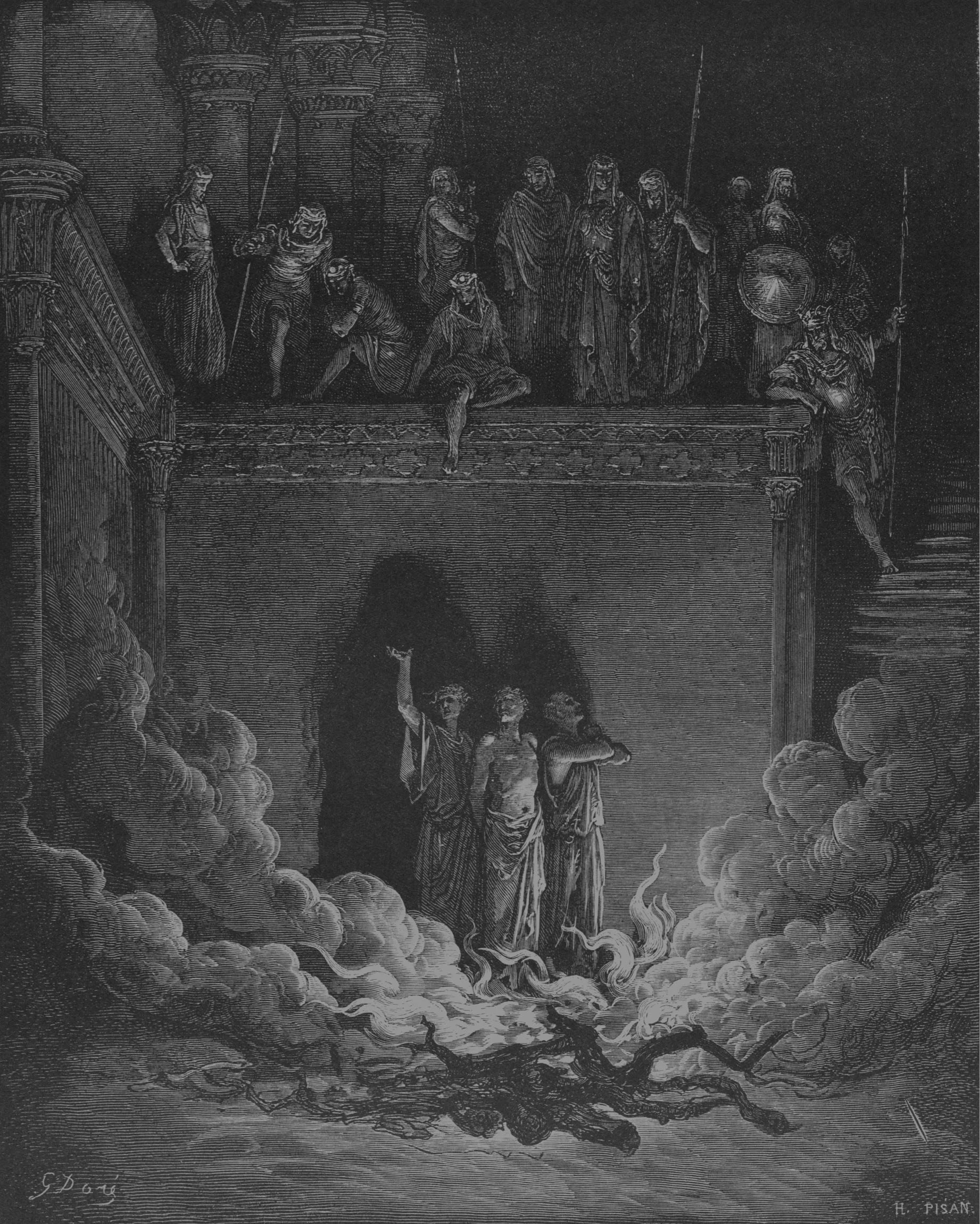 A black and white engraving depicting a scene of execution on a stage. In the foreground, three people are standing near a large fire with smoke, one of whom is raising a hand. In the background, a group of individuals stands on a balcony or platform, closely observing the scene.