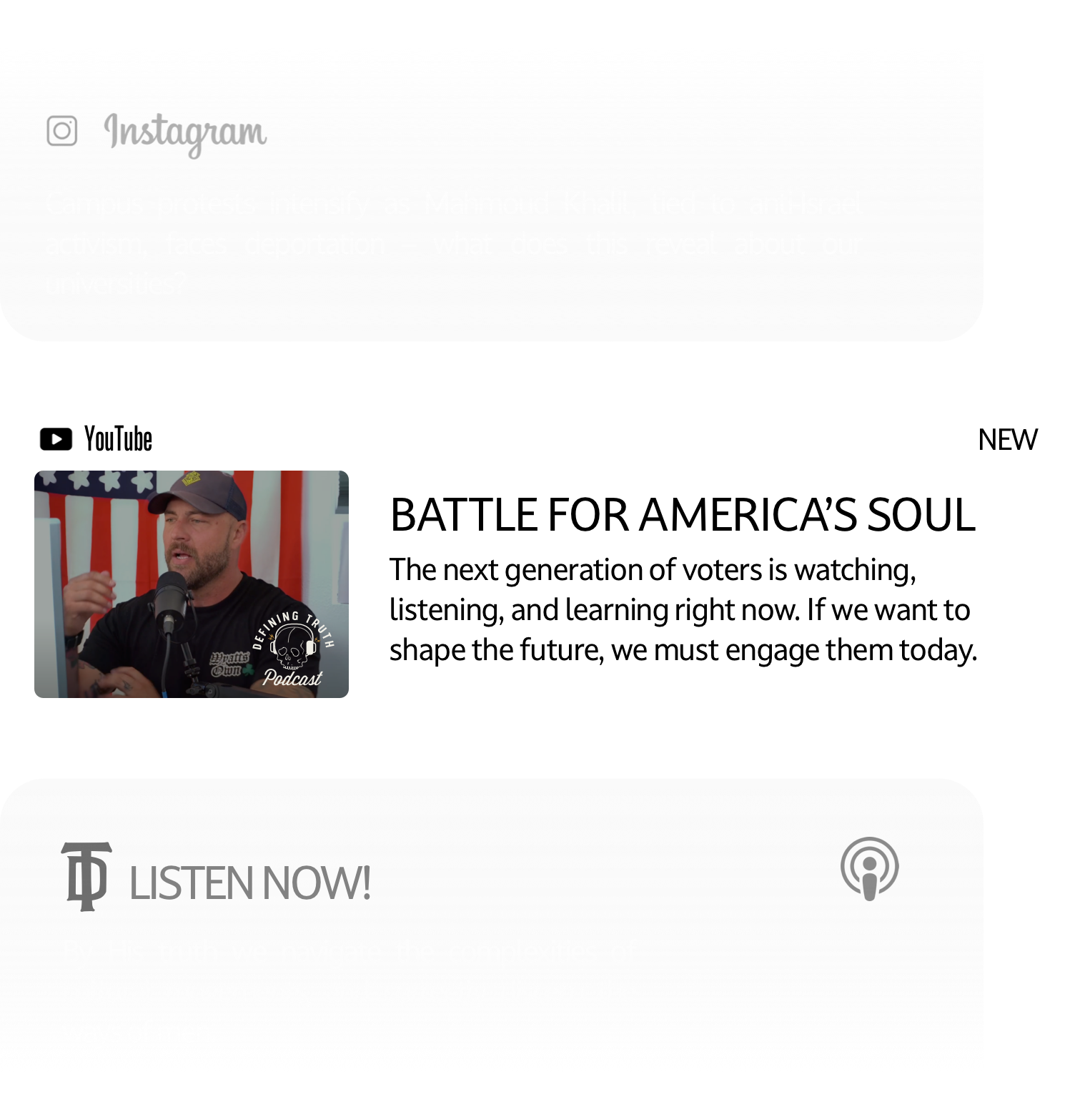Instagram and YouTube links on a mobile app screen, featuring a podcast titled 'Battle for America's Soul' with a man speaking into a microphone, sitting in front of a patriotic background.