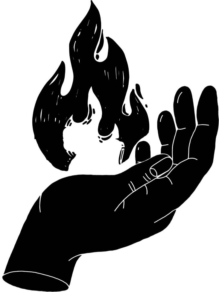 Outline of a person's face and hand holding a pen, writing on paper.