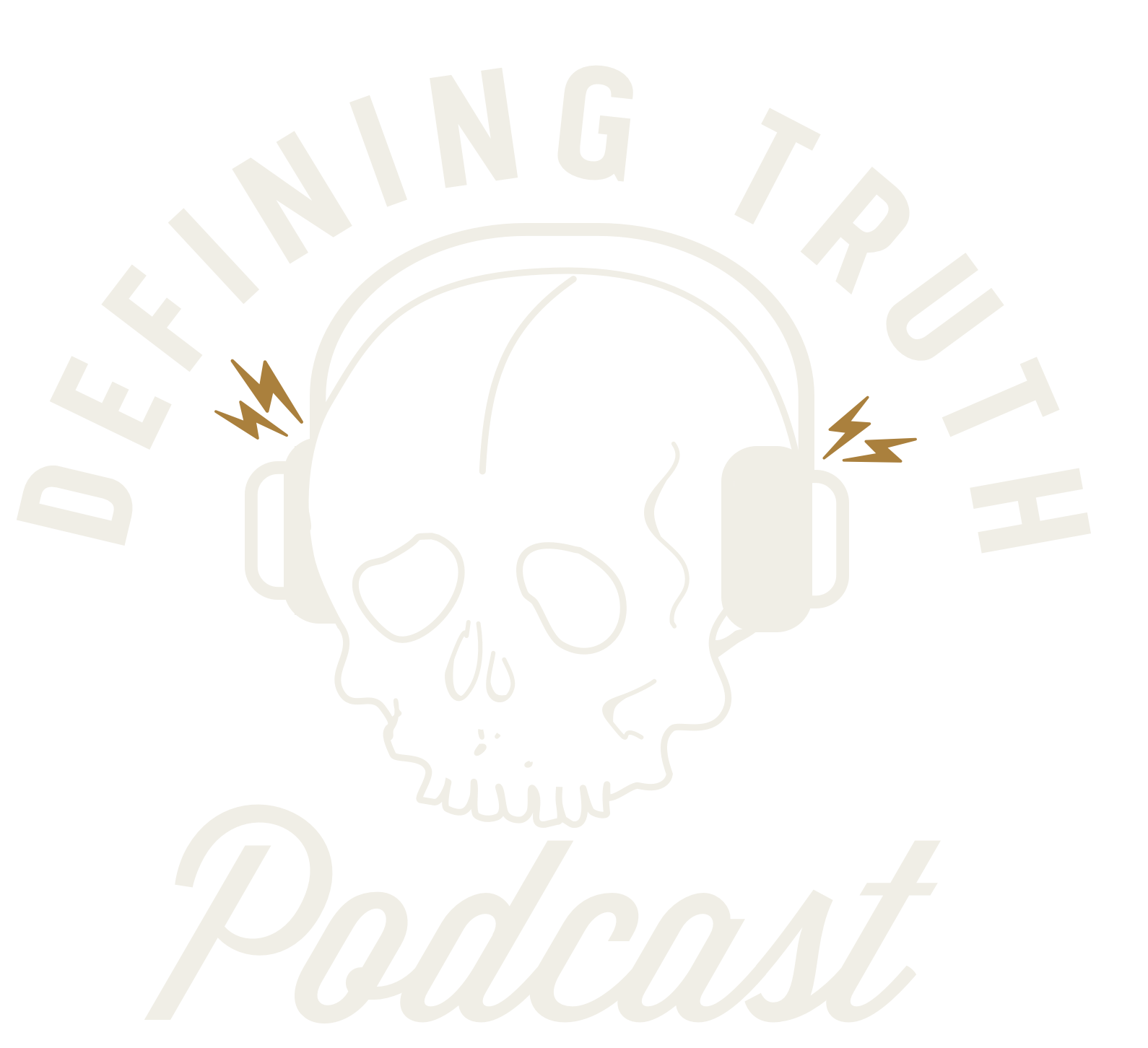 A black background with a white skull wearing headphones, surrounded by the text 'DeFining Truth Podcast' with some lightning bolt symbols.