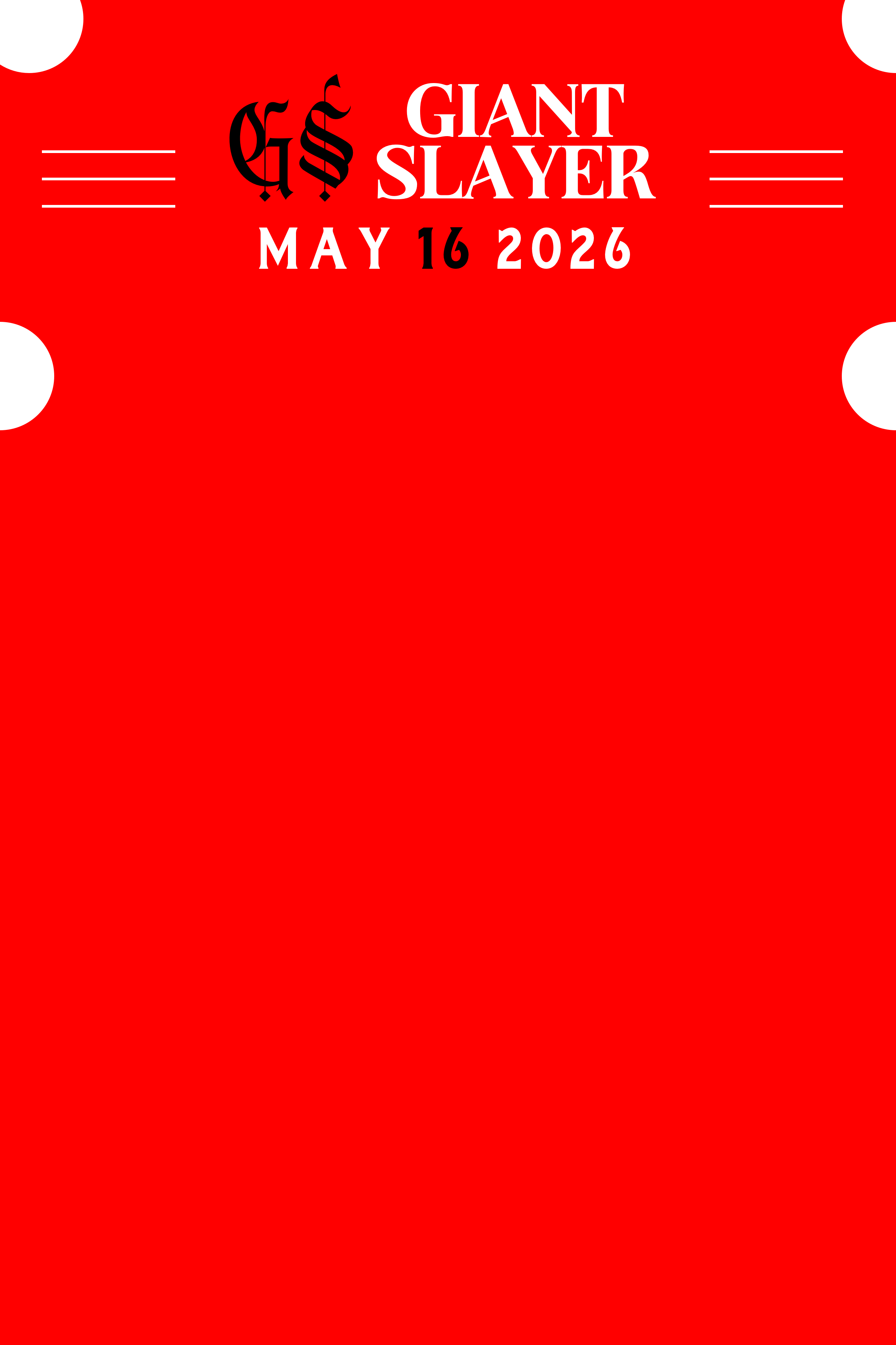 Event poster with a red background promoting a concert by G.I.ANT SLAYER on May 16, 2026, featuring Gothic-style logo and black dots in the corners.