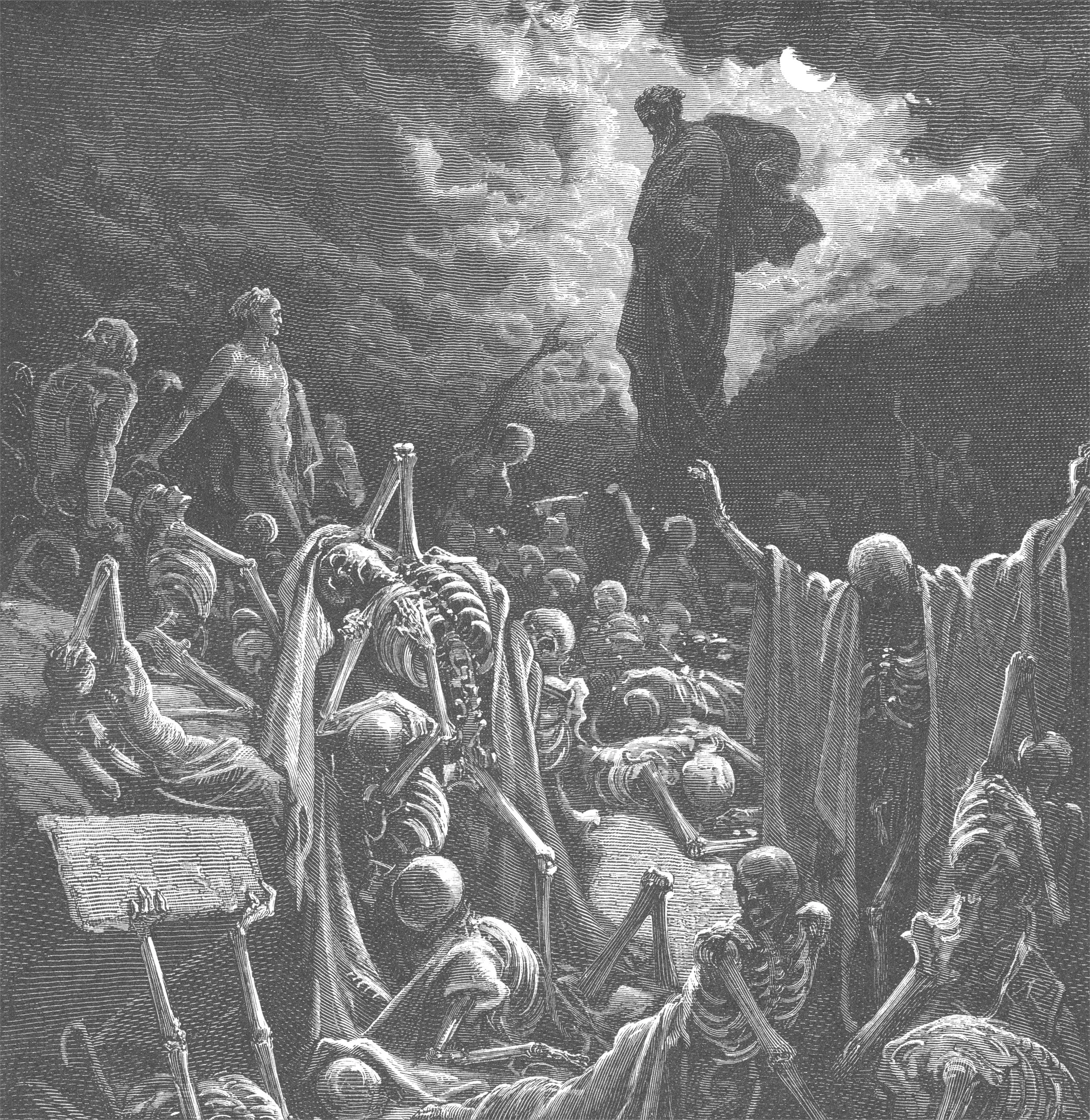 A black and white illustration depicting a skeletal army with swords, shields, and banners, facing a standing figure with a large backpack and a staff, under a dark, cloudy sky with a crescent moon.