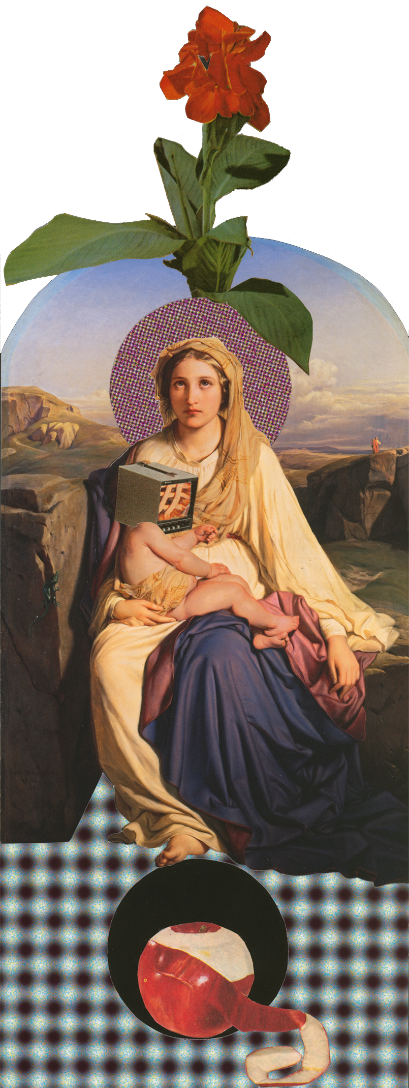 A mother with an illusion-paper halo and red bloom holds infant Honey, whose head is replaced by a TV showing cherry pie. Beneath them, blurred illusion paper surrounds a carved pit holding a half-peeled apple.