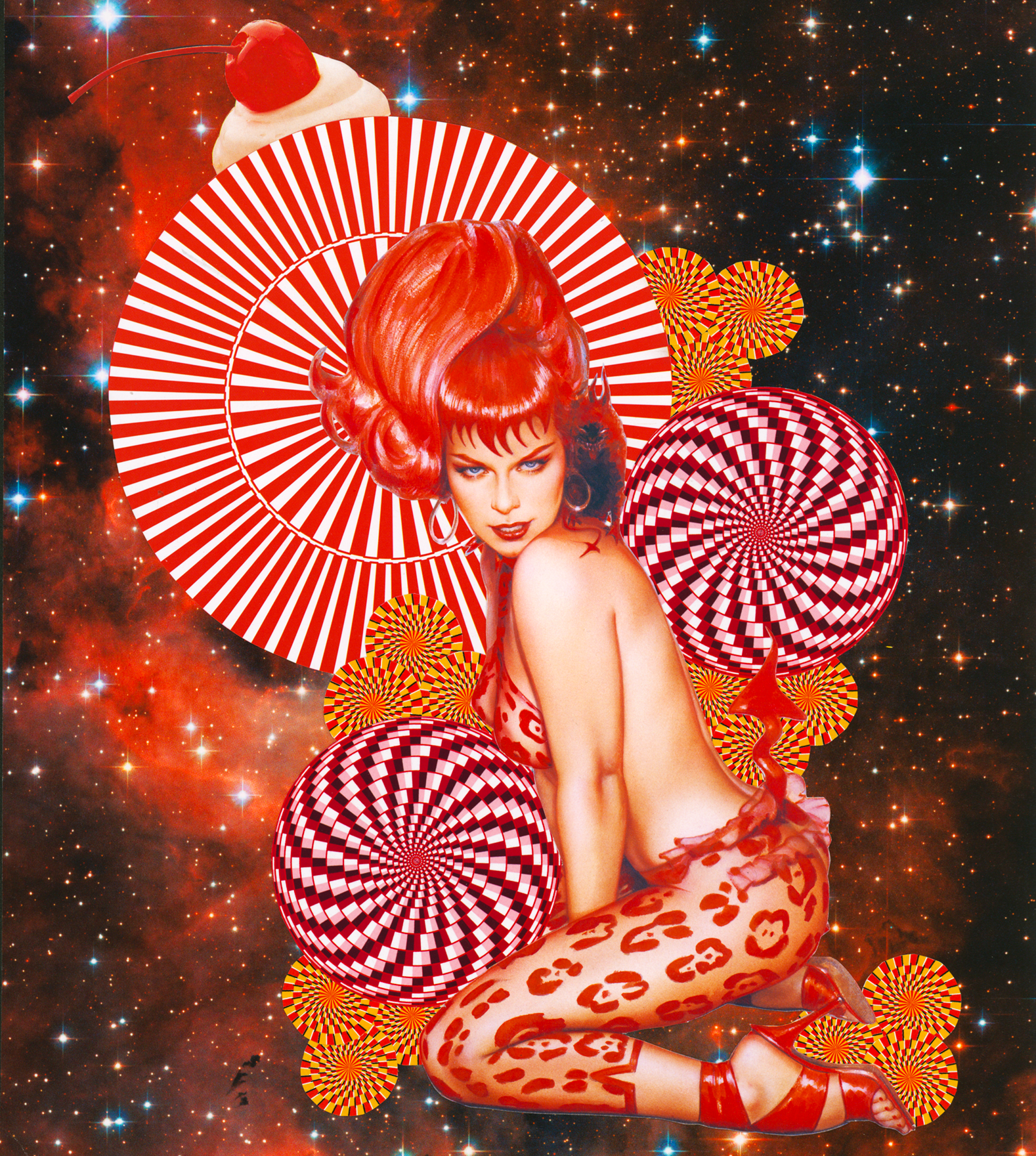 Analog collage by Honey titled Sugar Nova, featuring a red-haired pinup in a starry space scene with illusion paper, whipped cream, and a cherry.