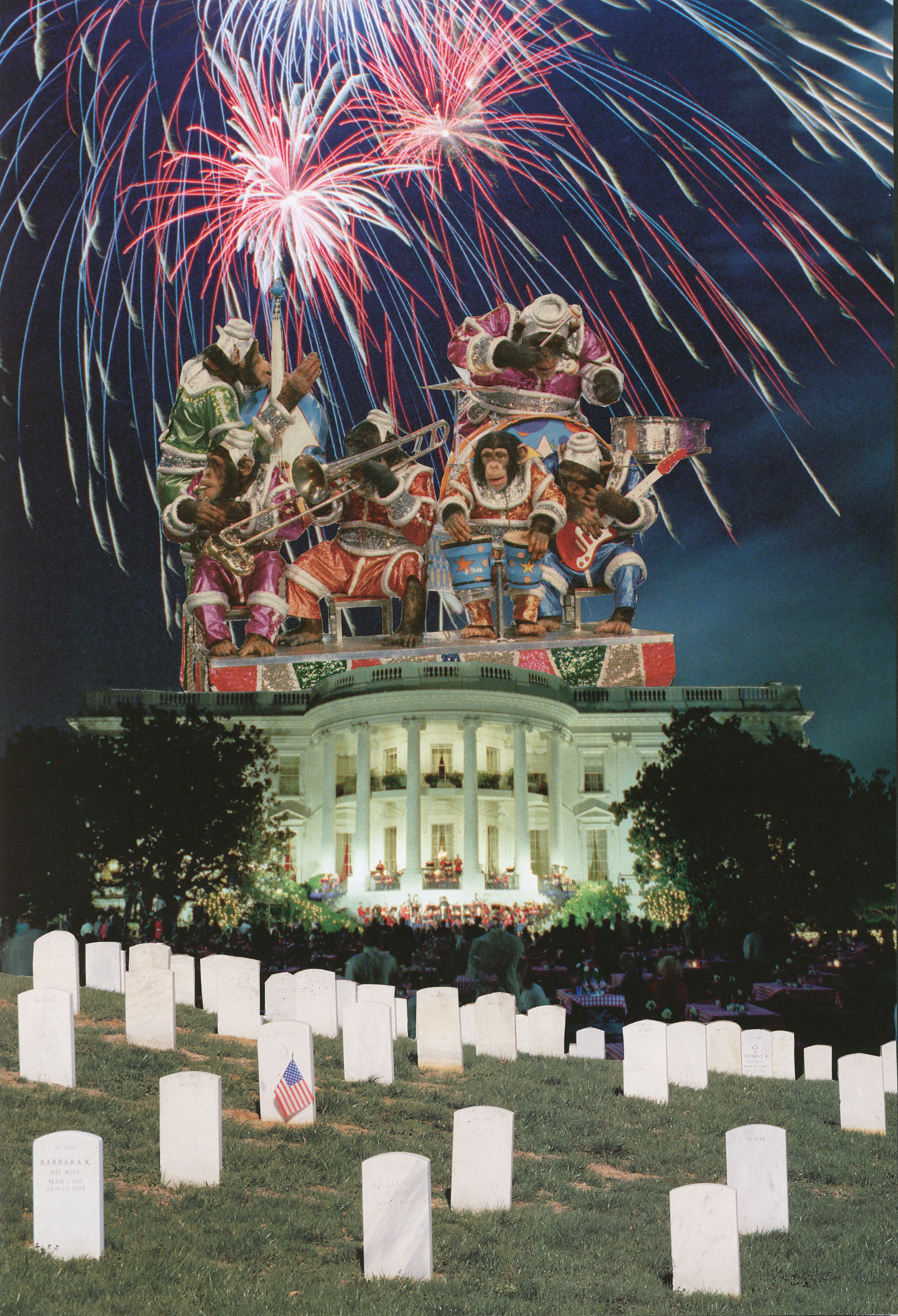 Analog collage by Honey titled And the Monkeys Played On, featuring monkeys performing on the White House beneath fireworks, with a lawn party and graves in the foreground.