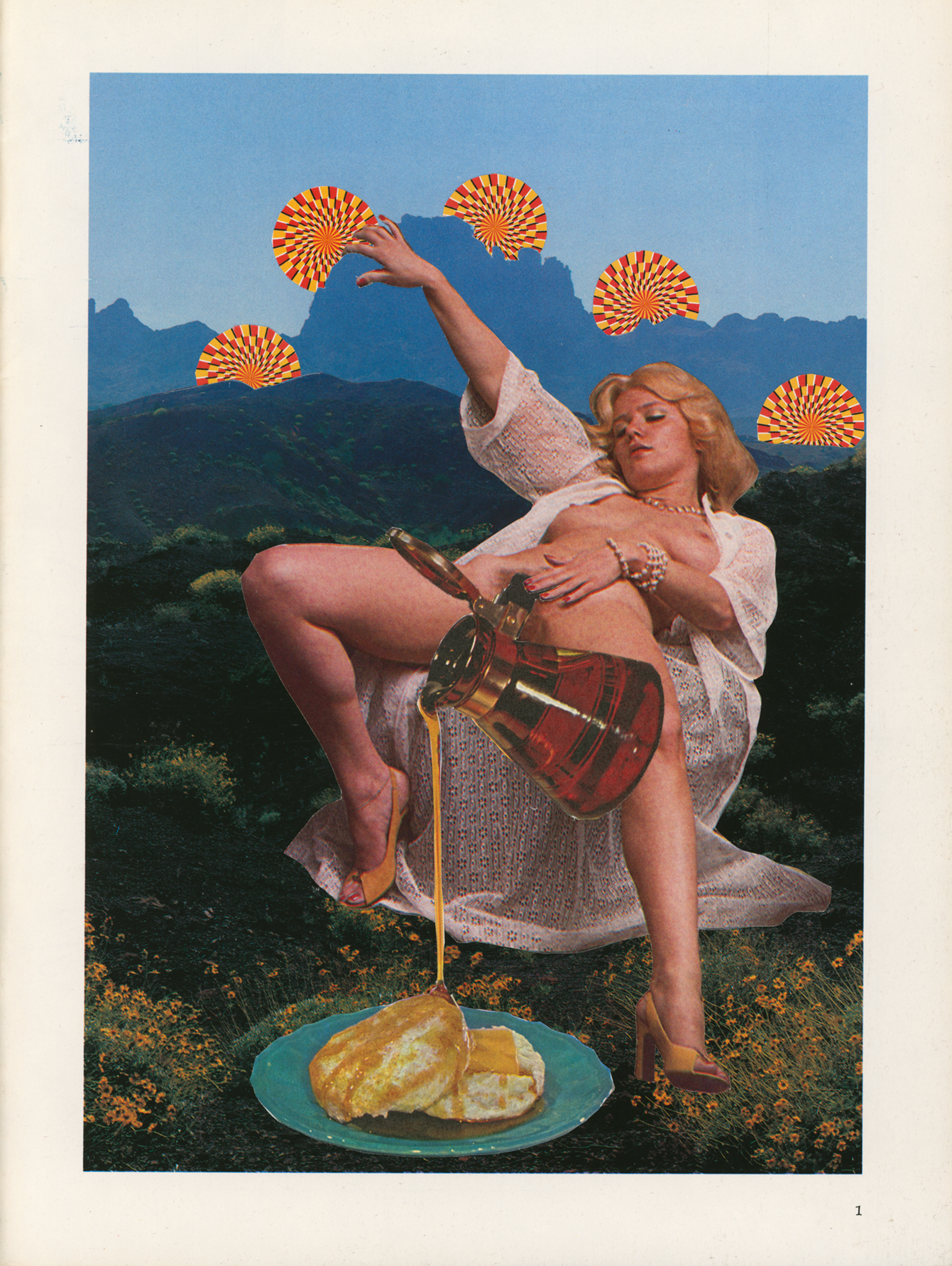 Honey’s analog collage She Was Supposed to Stay Sweet, showing a reclining woman in a mountain landscape pouring honey over bread beneath floating illusion paper shapes.