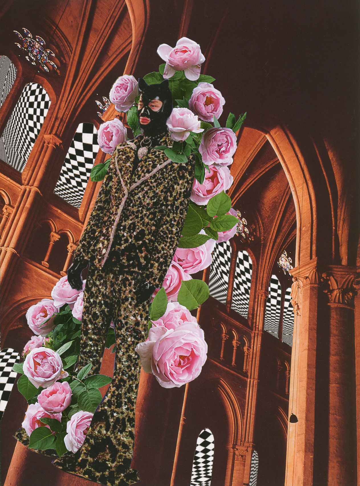 Analog collage by Honey titled Heresy, Softened, featuring a masked figure in patterned clothing standing in a cathedral surrounded by pink roses and illusion-patterned windows.