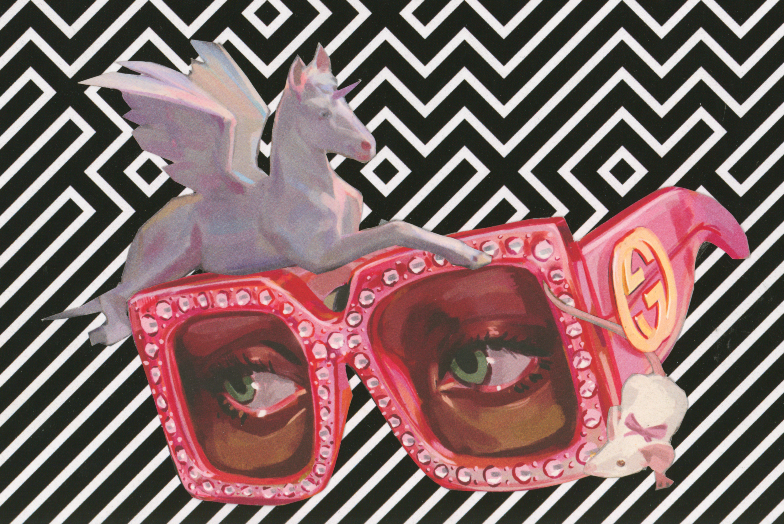 Analog collage by Honey titled My Little Gucci, featuring pink rhinestone sunglasses with eyes behind the lenses, a winged unicorn perched on top, a designer-style charm, and a bold black-and-white illusion pattern background.