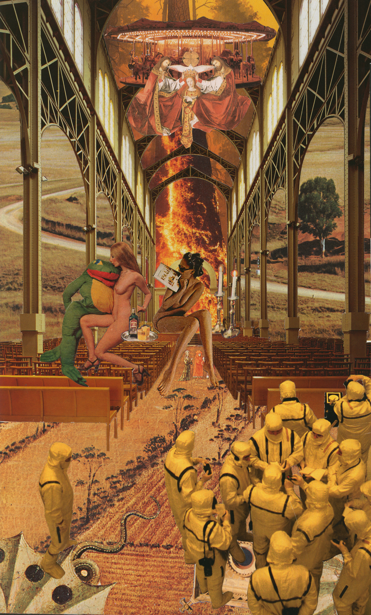 Analog collage by Honey titled The Chapel of Failed Miracles, featuring an industrial cathedral with a burning tree, carousel, nude figures, and hazmat-like figures.