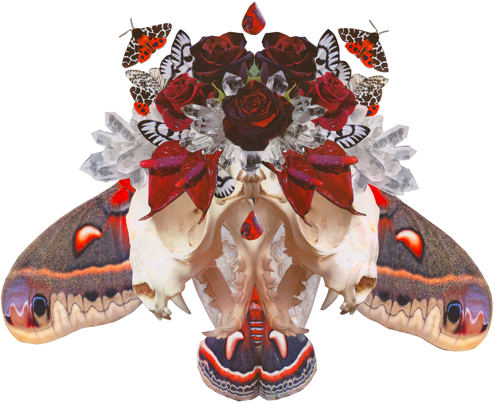 Analog collage by Honey titled Mabon, featuring mirrored skulls, moths, roses, crystals, and red blooms arranged as a ritual altar object.