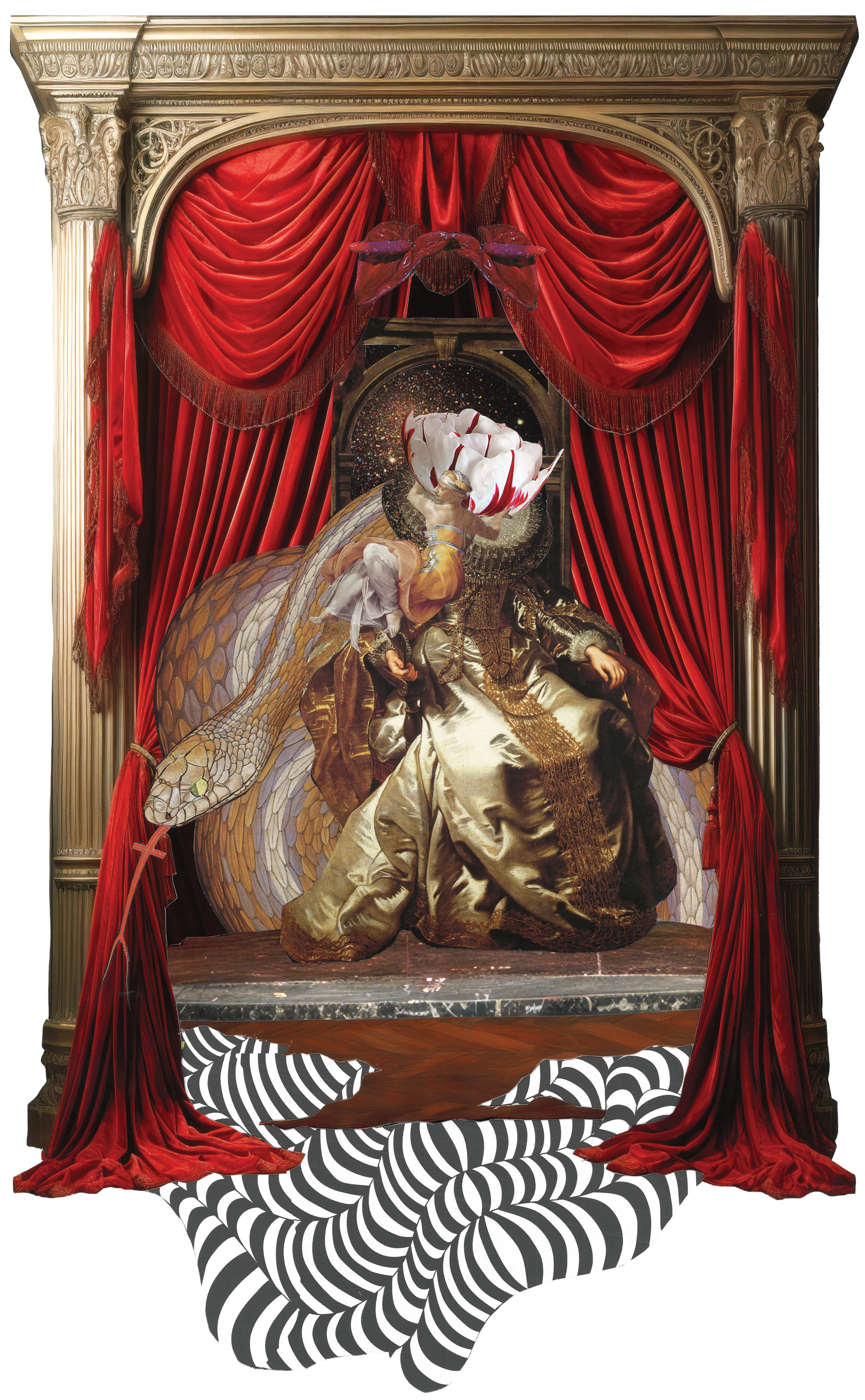 Analog collage by Honey titled ...a long time coming, featuring a queen-like figure on a serpent throne receiving a blood-marked rose as Honey’s tentacles support the stage below.