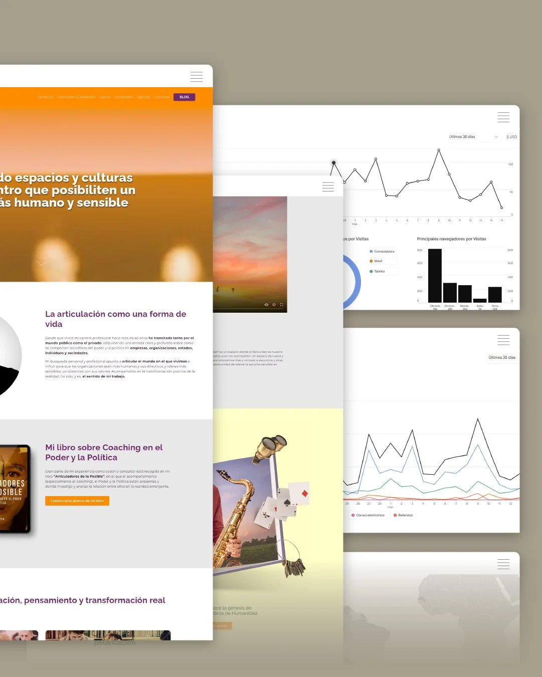 Captura de varias pantallas de páginas web con gráficos, textos y imágenes de fondo relacionados con cultura, coaching, política y tecnología.