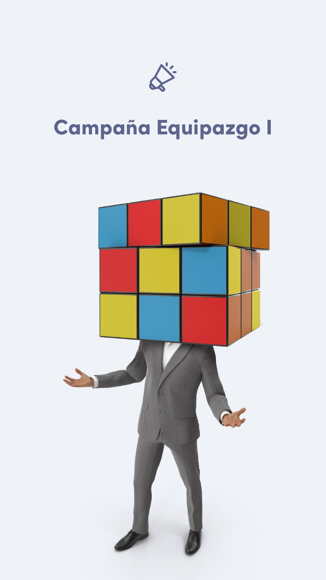 Un hombre con traje gris y corbata con la cabeza reemplazada por un cubo de Rubik en colores azul, rojo, amarillo, y naranja, en una pose de presentación o explicación.