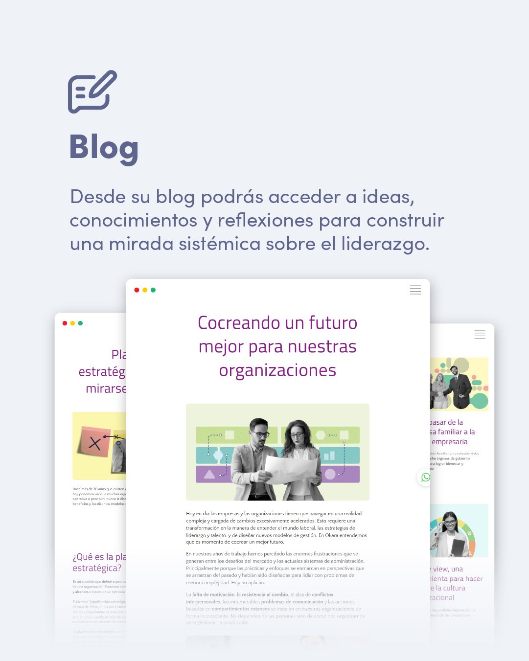 Página de blog con artículos sobre liderazgo, estrategia y organización, con ilustraciones de personas y gráficos.