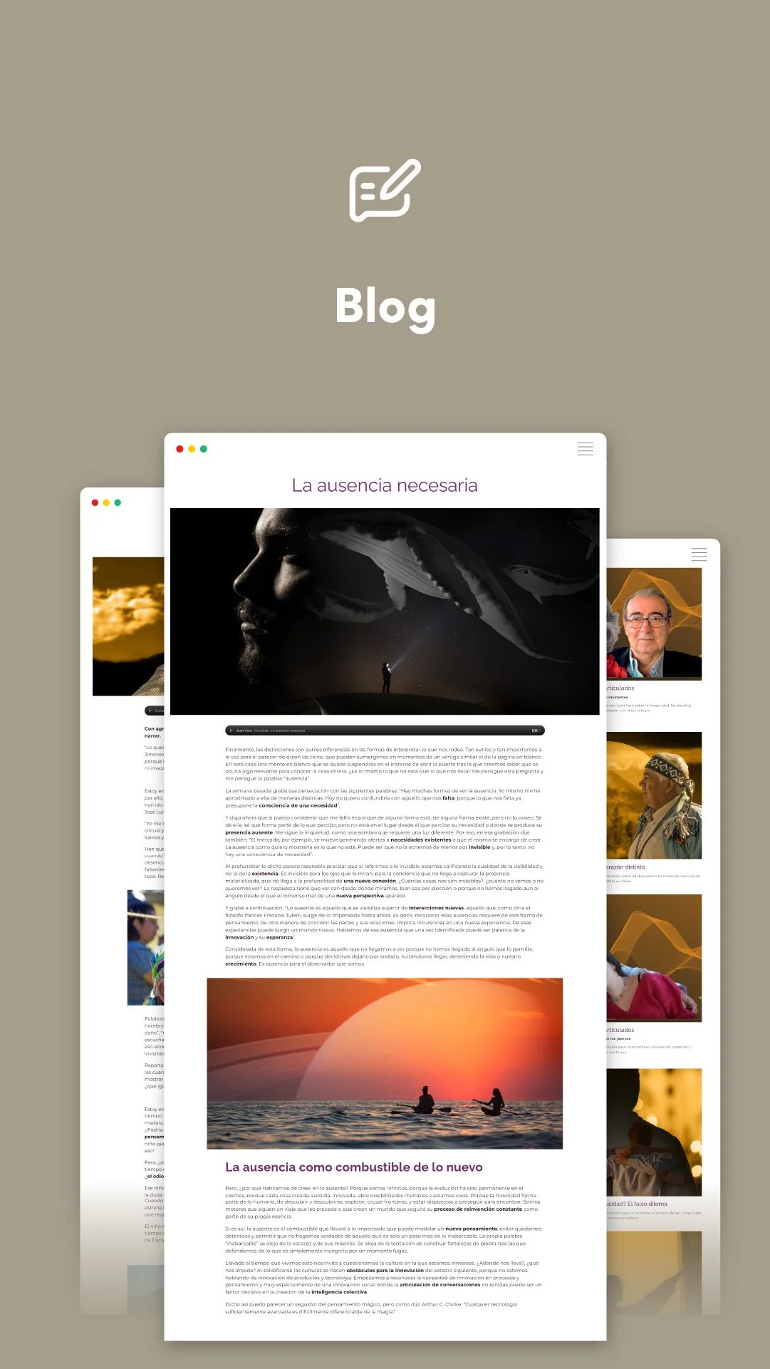 Vista de varias páginas de un blog en un diseño minimalista con fondo beige, que incluyen textos y fotografías relacionadas con temas de reflexión y naturaleza.