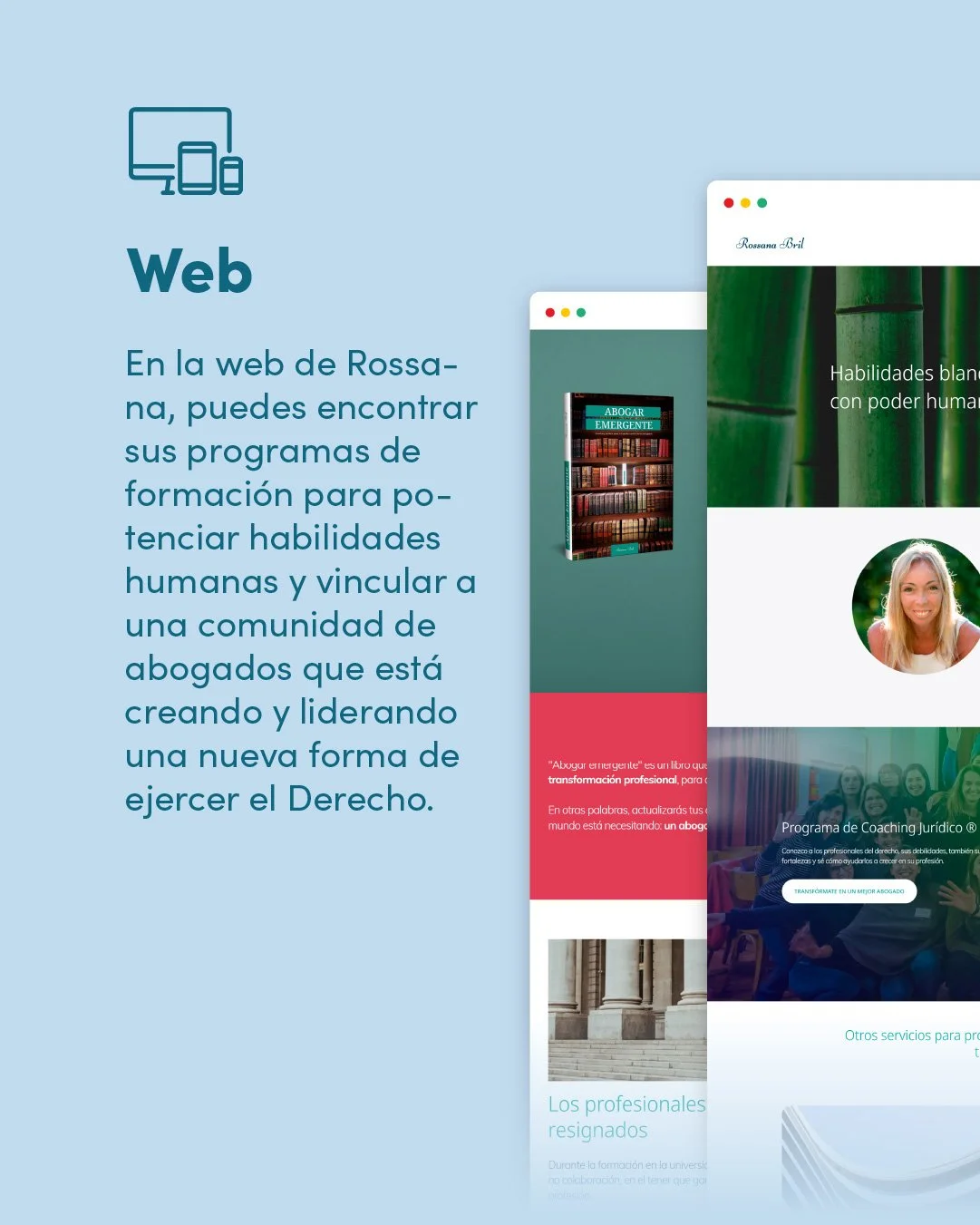 Página web de Rossa-Bril que ofrece programas de formación para potenciar habilidades humanas y vincular a una comunidad de abogados líderes en el ejercicio del derecho.