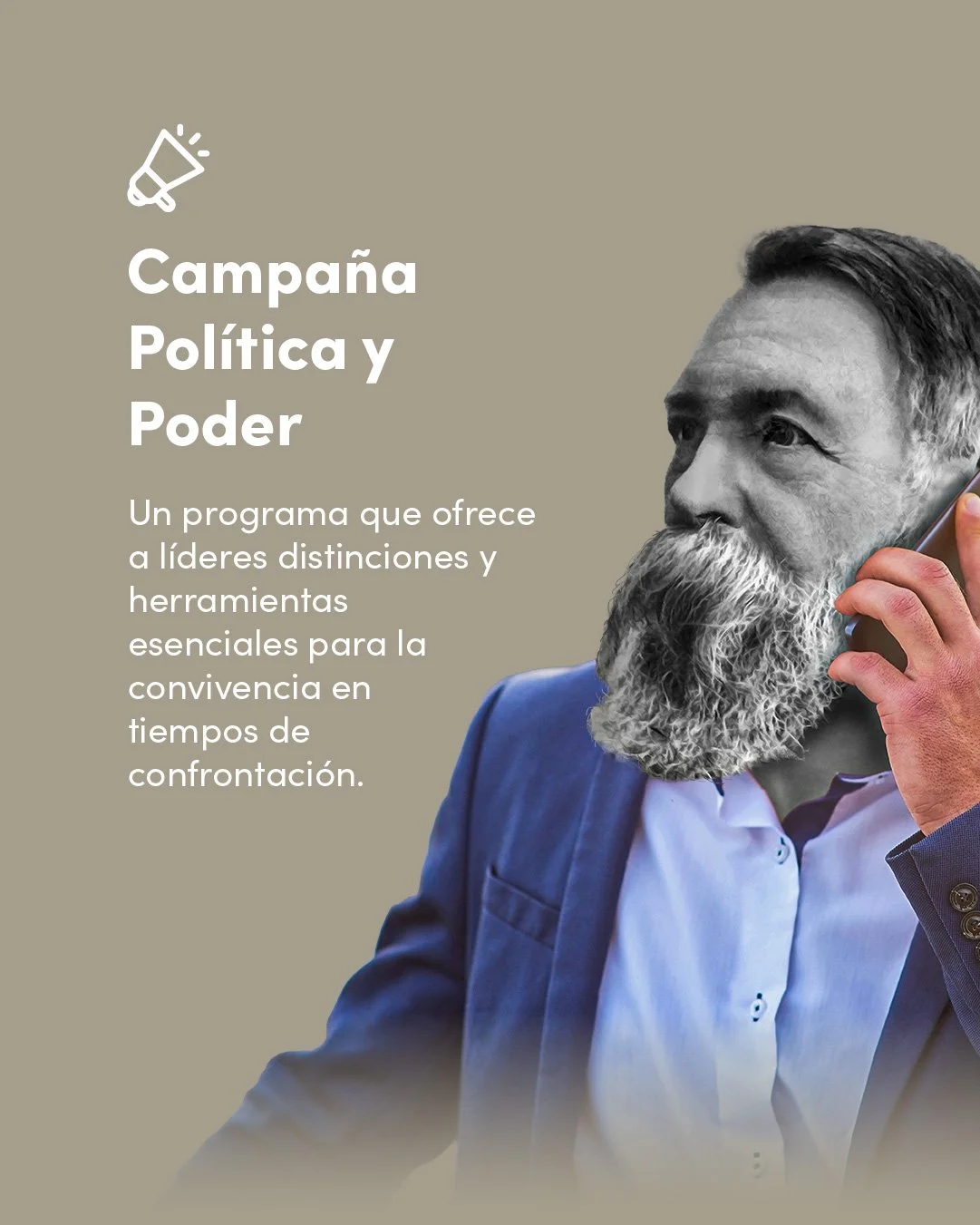 Hombre con barba y bigote con chamarra azul y camisa blanca, hablando por teléfono.