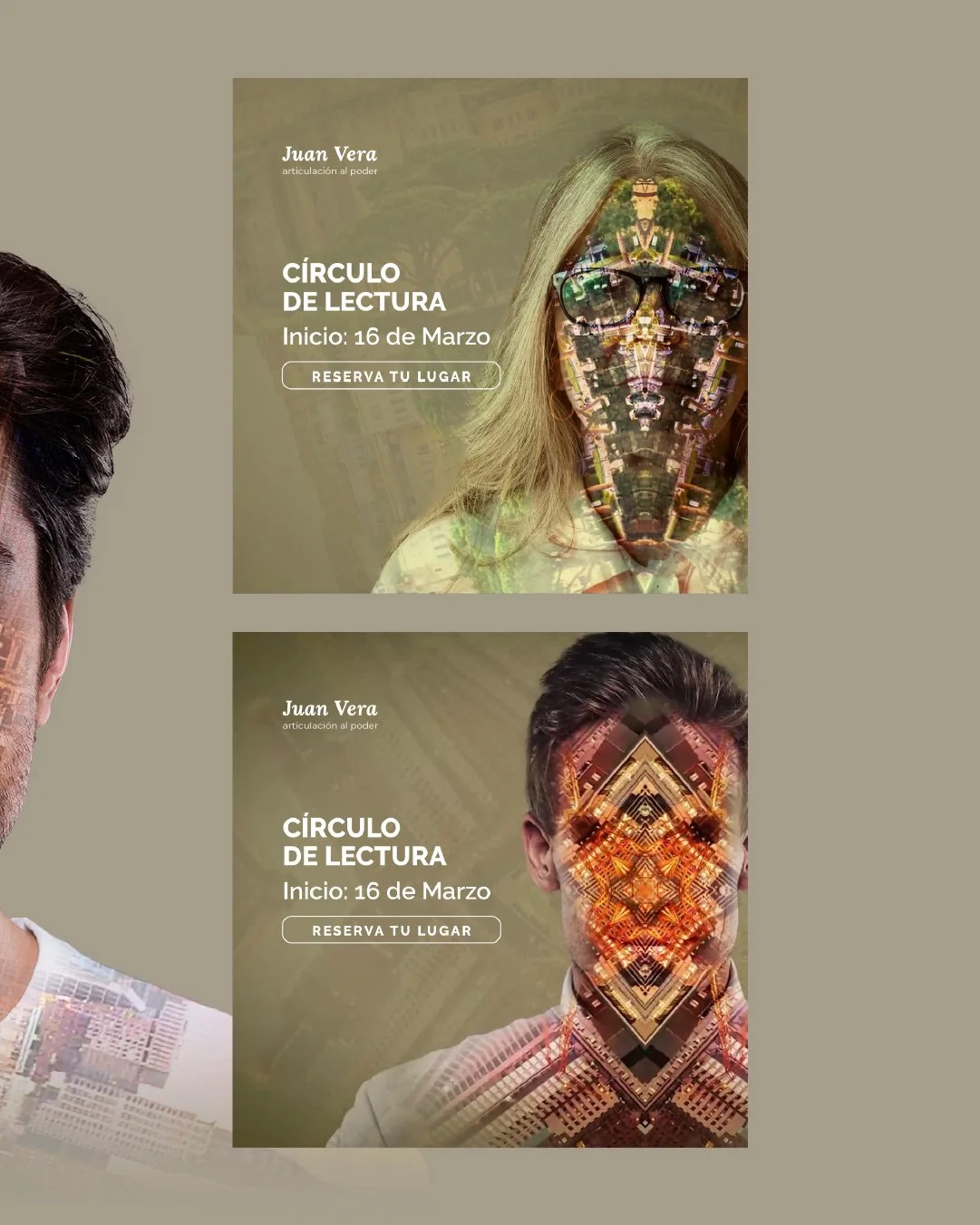 Dos carteles publicitarios con fotos de personas con efectos digitales en sus rostros para un evento de lectura empezando el 16 de marzo, con el nombre Juan Vera. Uno con una mujer con gafas y otro con un hombre, ambos con efectos de ciudades y patrones geométricos en sus rostros.