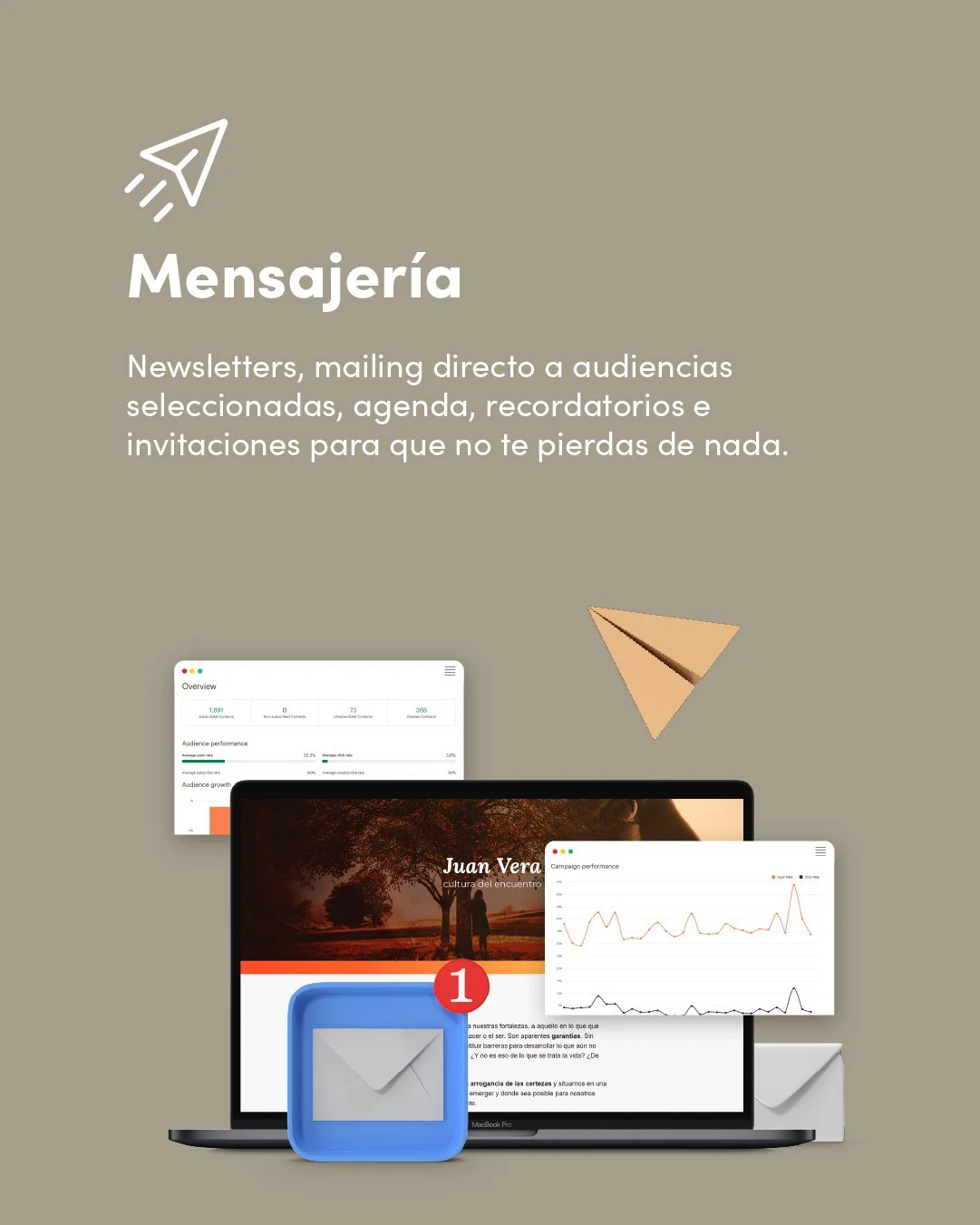 Folleto de servicio de mensajería con icono de cohete, imagen de una pantalla de computadora con correos y gráficos, y papel doblado.