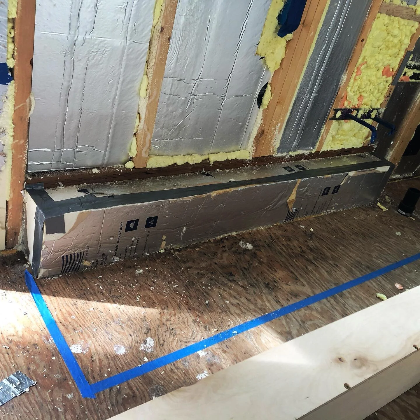 Getting into my favorite part - cabinets! First step is covering the insulated wheel well. The cabinets will go up around it. #tinyhouse #tinyhouseconstruction #builder