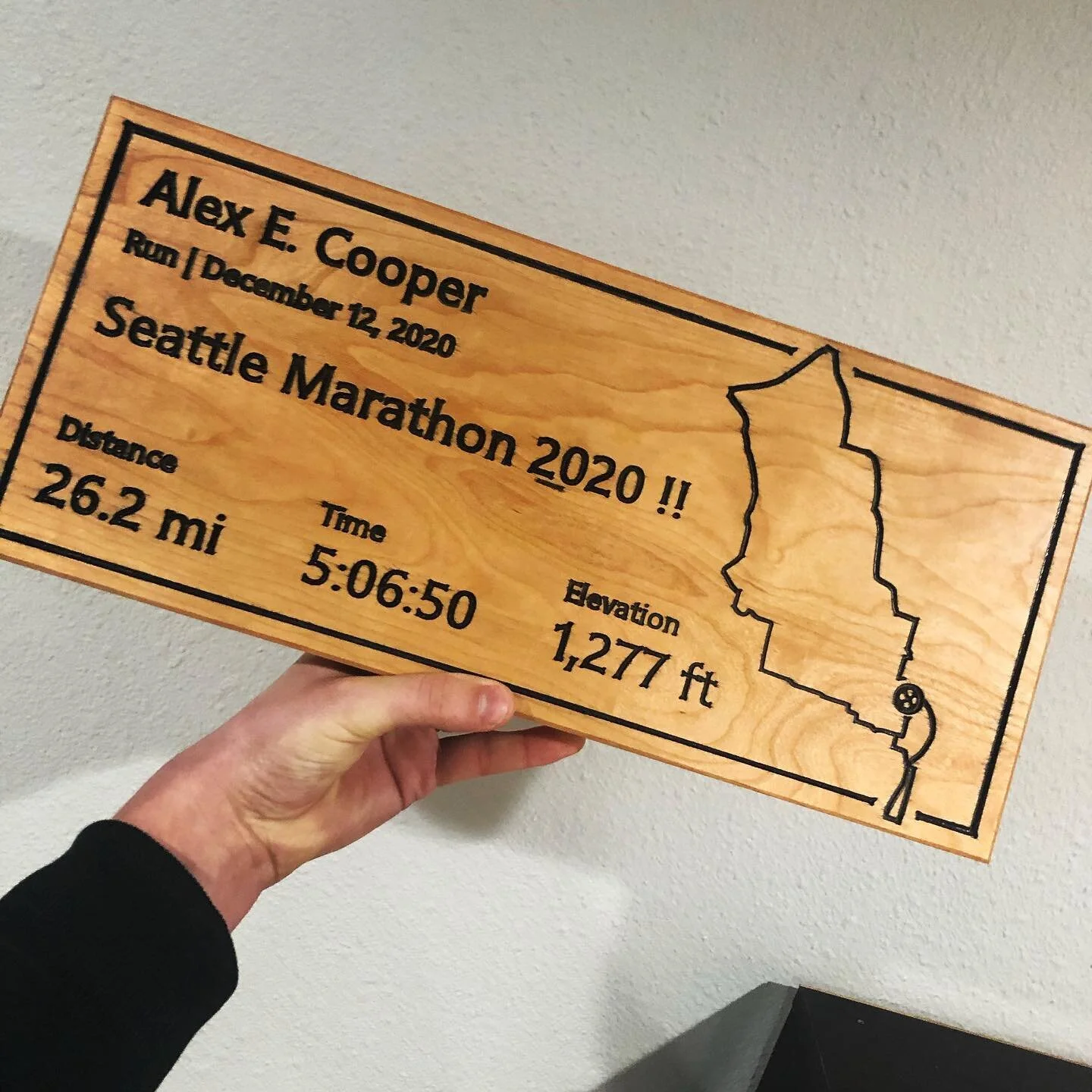 Big thanks to @ballardmillworks_scott for helping me out with this sweet plaque commemorating Alex&rsquo;s first marathon.