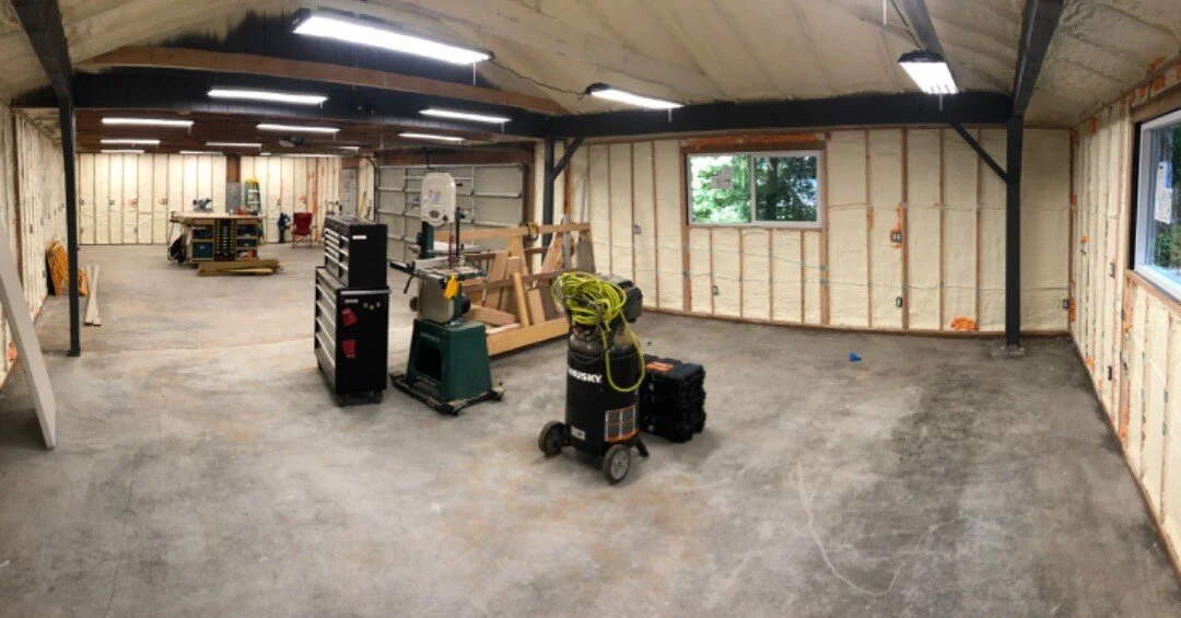 Shop update: 90 outlets installed across 4 circuits. 15 light fixtures. A LOT of closed cell spray foam. It&rsquo;s about 15 degrees cooler inside than out on a warm summer day. #moneyWellSpent #dreamShop