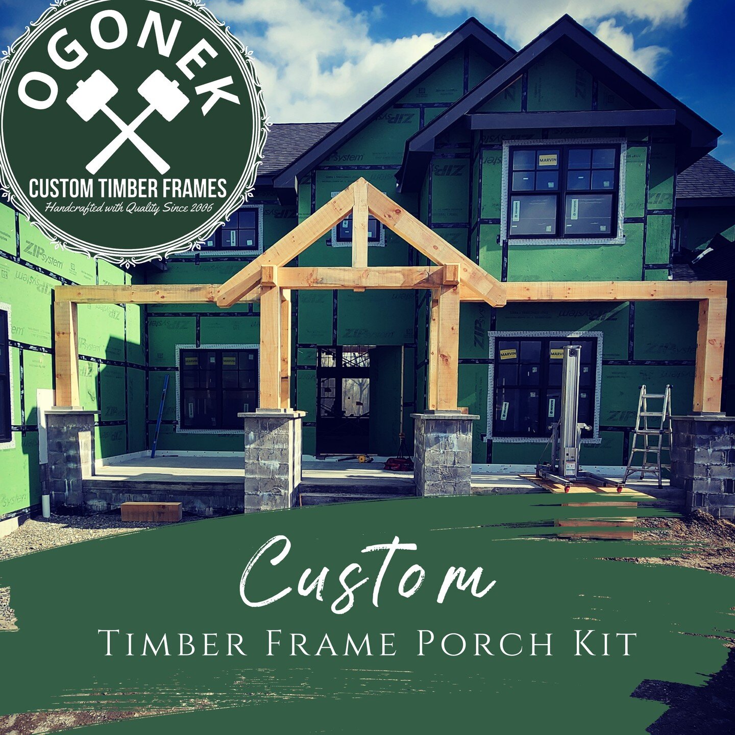 A simple design can have a huge impact when it's a timber frame. This custom-made timber frame porch kit was erected in one day by a local crew guided with our consultation. All components were hand-crafted in our workshop in Ohio and fit together pe
