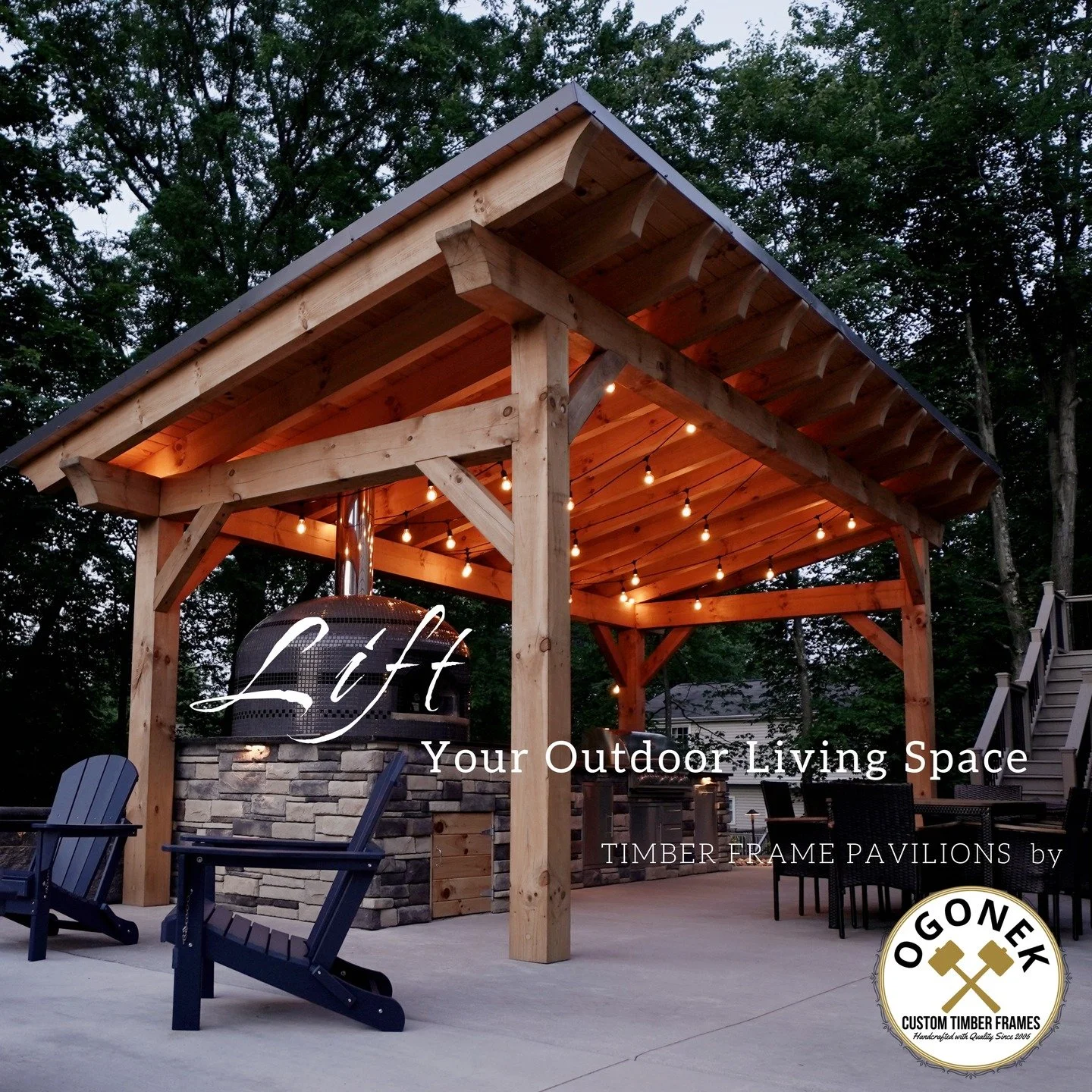 This outdoor kitchen pavilion was built by us as a kit, then assembled by the customer with our guidance. They did a great job, and now get to enjoy this space all season long.

Contact us today for a quote on a custom timber frame pavilion kit to li