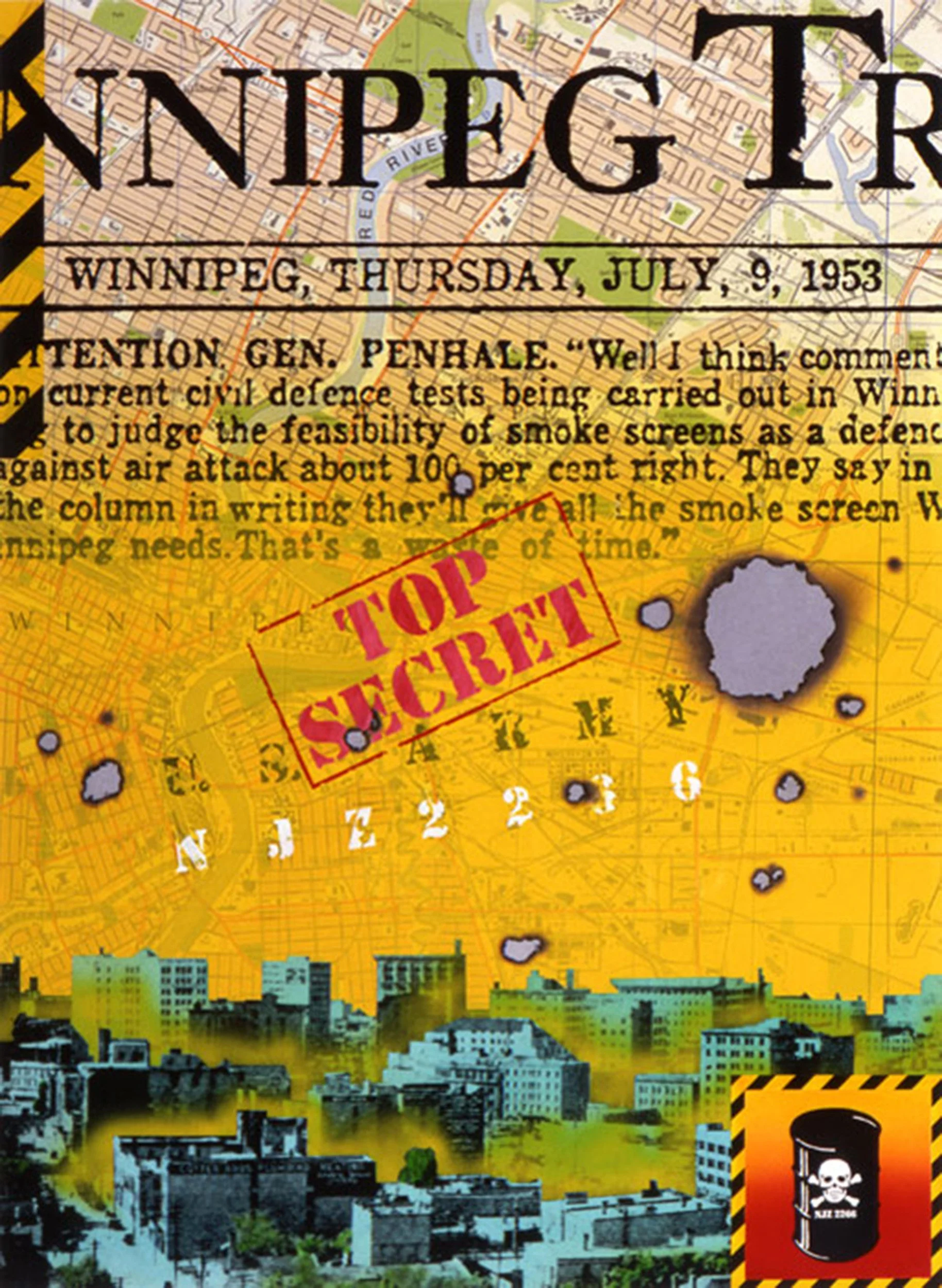 A collage of a city map, a city skyline, and various graphics including a top secret stamp, a skull on a barrel, and water damage marks, representing a secret report from Winnipeg in 1953.