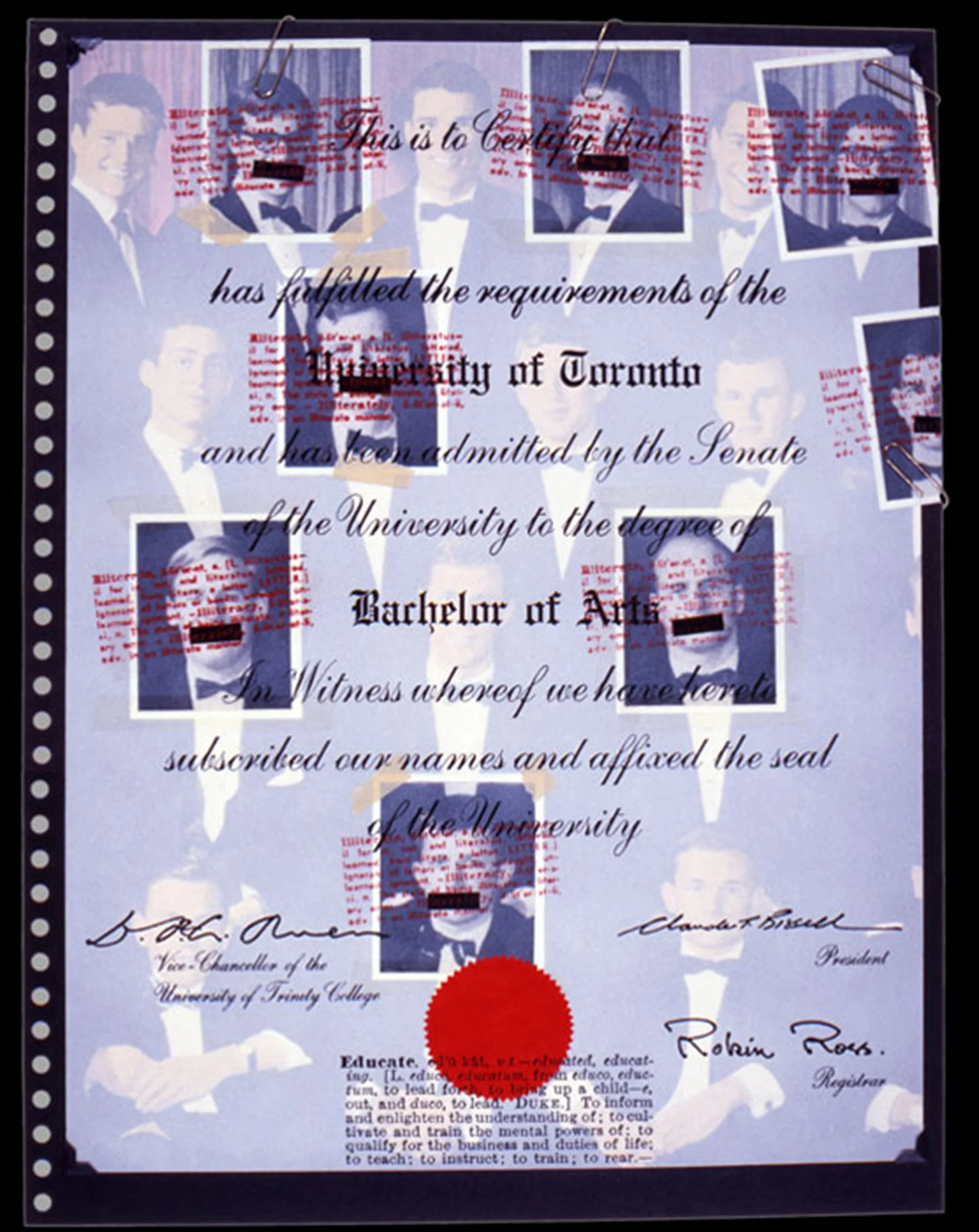 A graduation diploma from the University of Toronto for a Bachelor of Arts degree, featuring photographs of graduates, signatures, and a red seal.