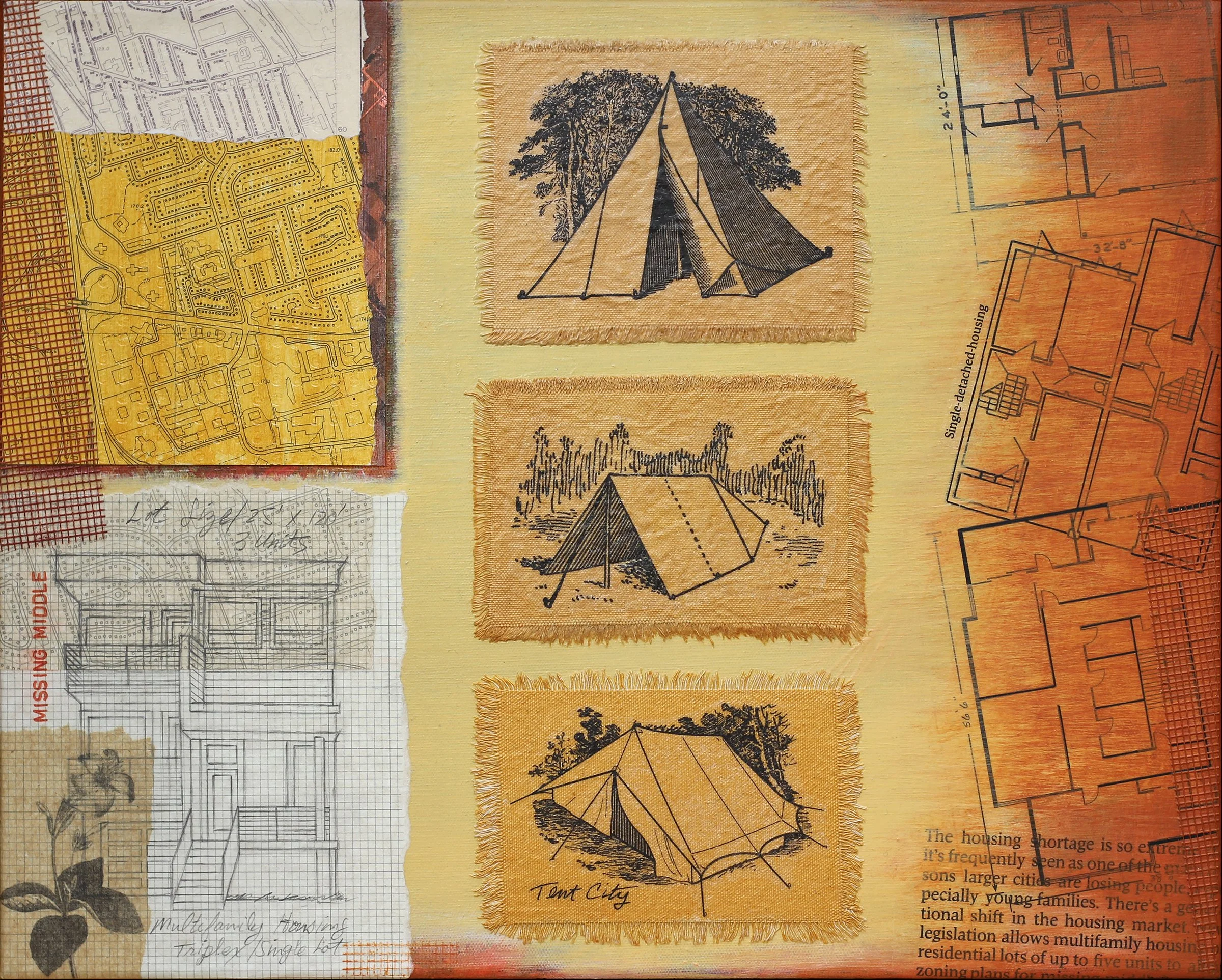 A collage of camping-related sketches and blueprints, including diagrams of tents, house plans, and maps, with some handwritten notes and textured fabric accents.